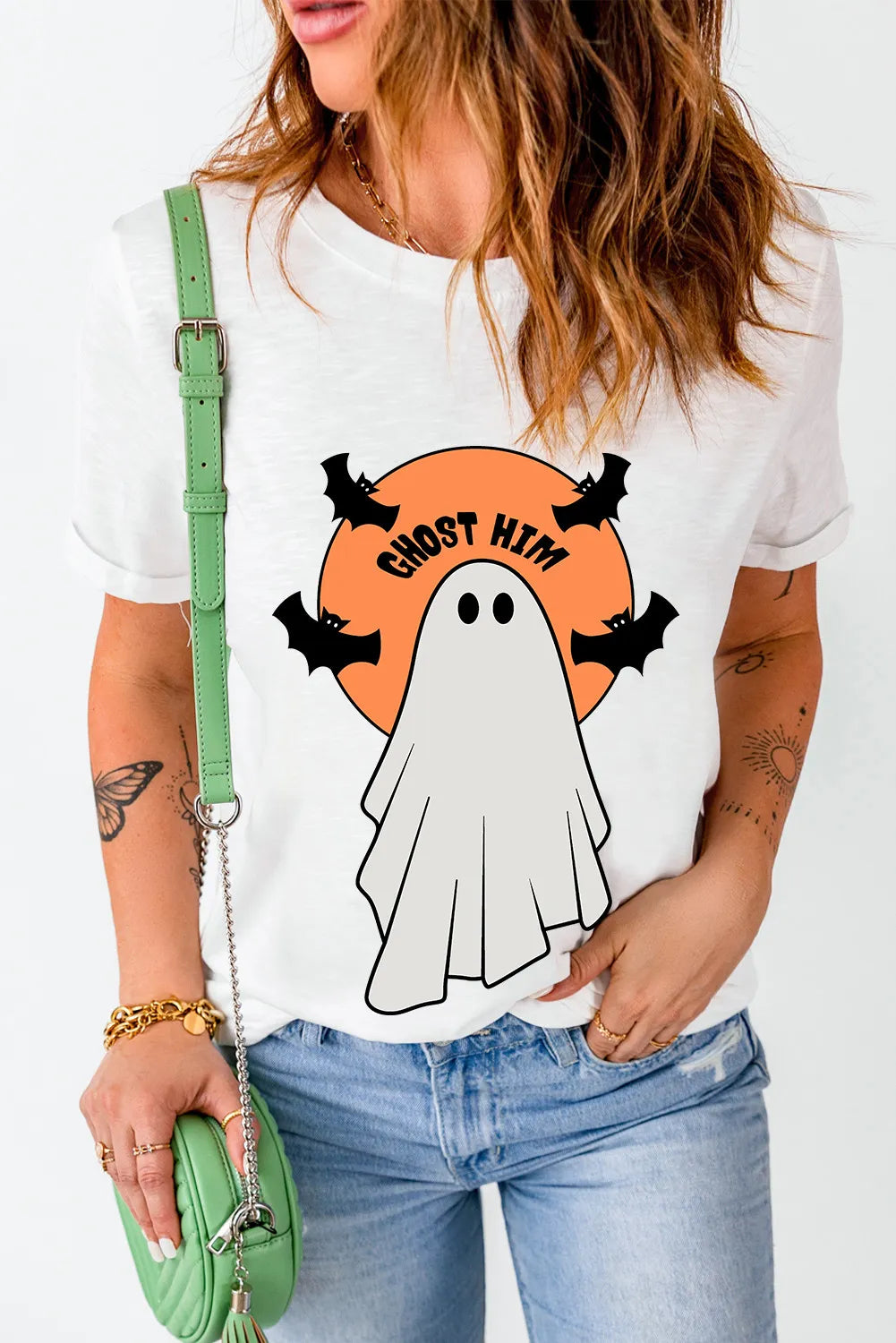 Casual ghost graphic T-shirt with round neck and short sleeves