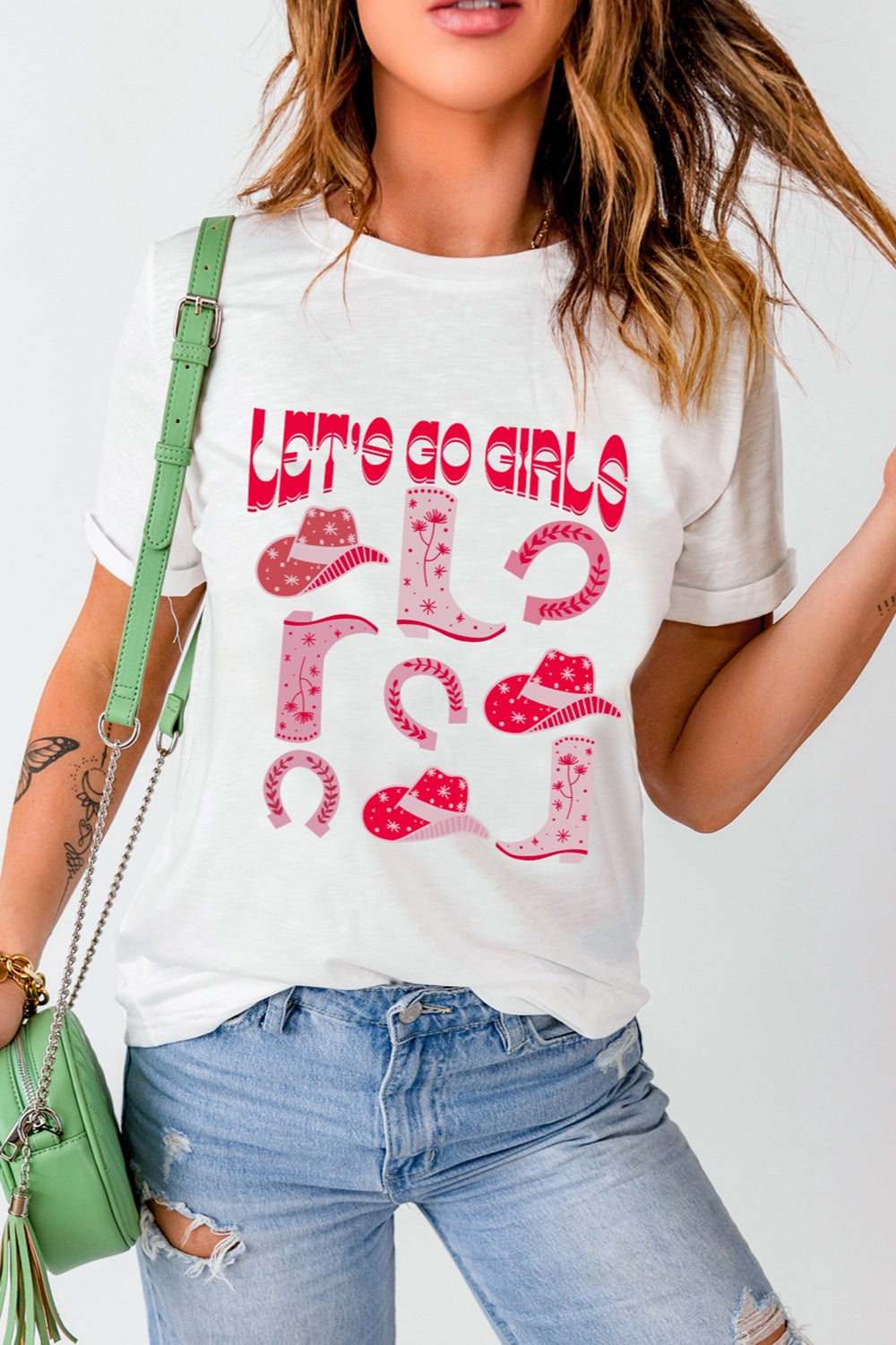 White graphic round neck T-shirt with &