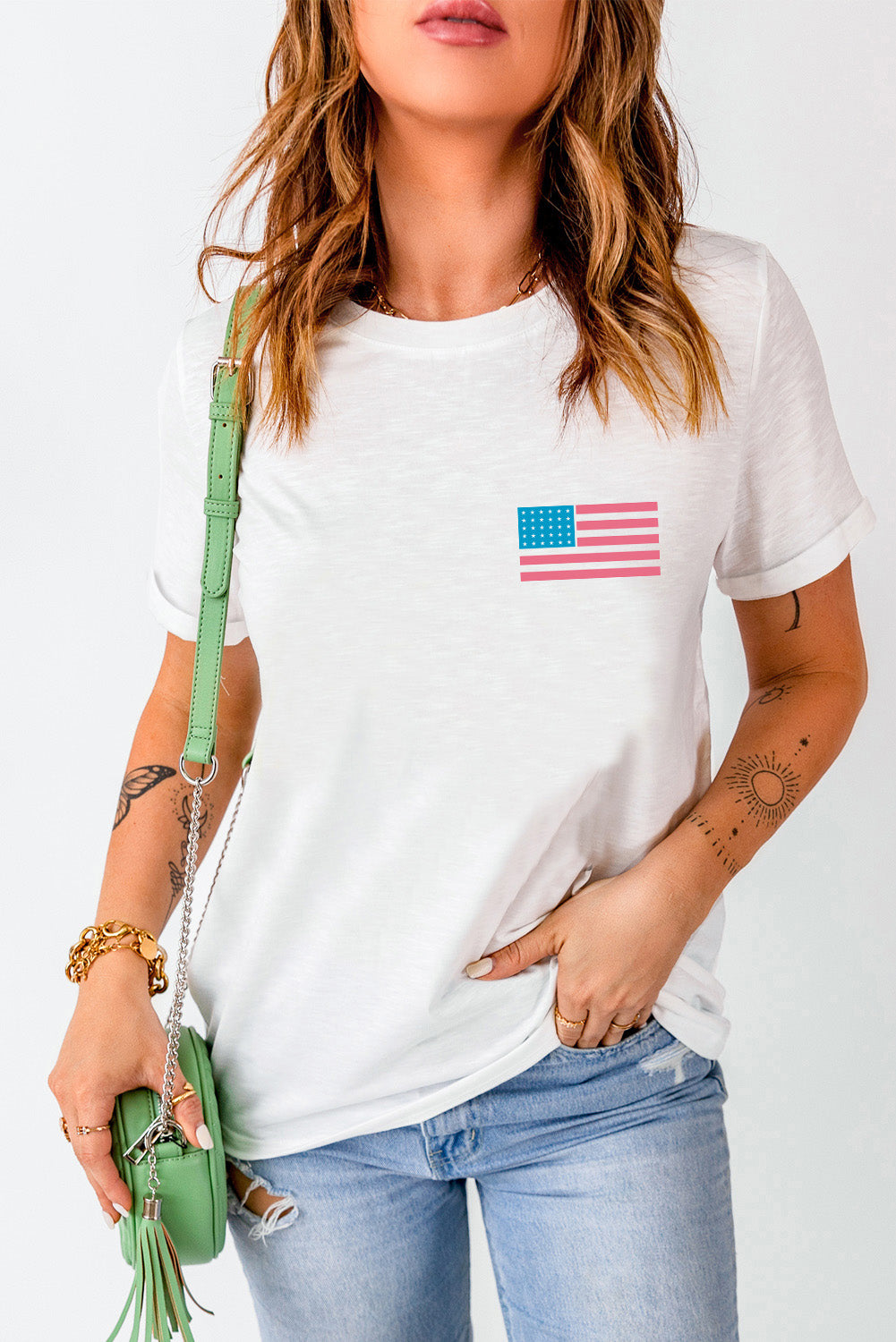 Front view of US Flag Round Neck T-Shirt with small flag design