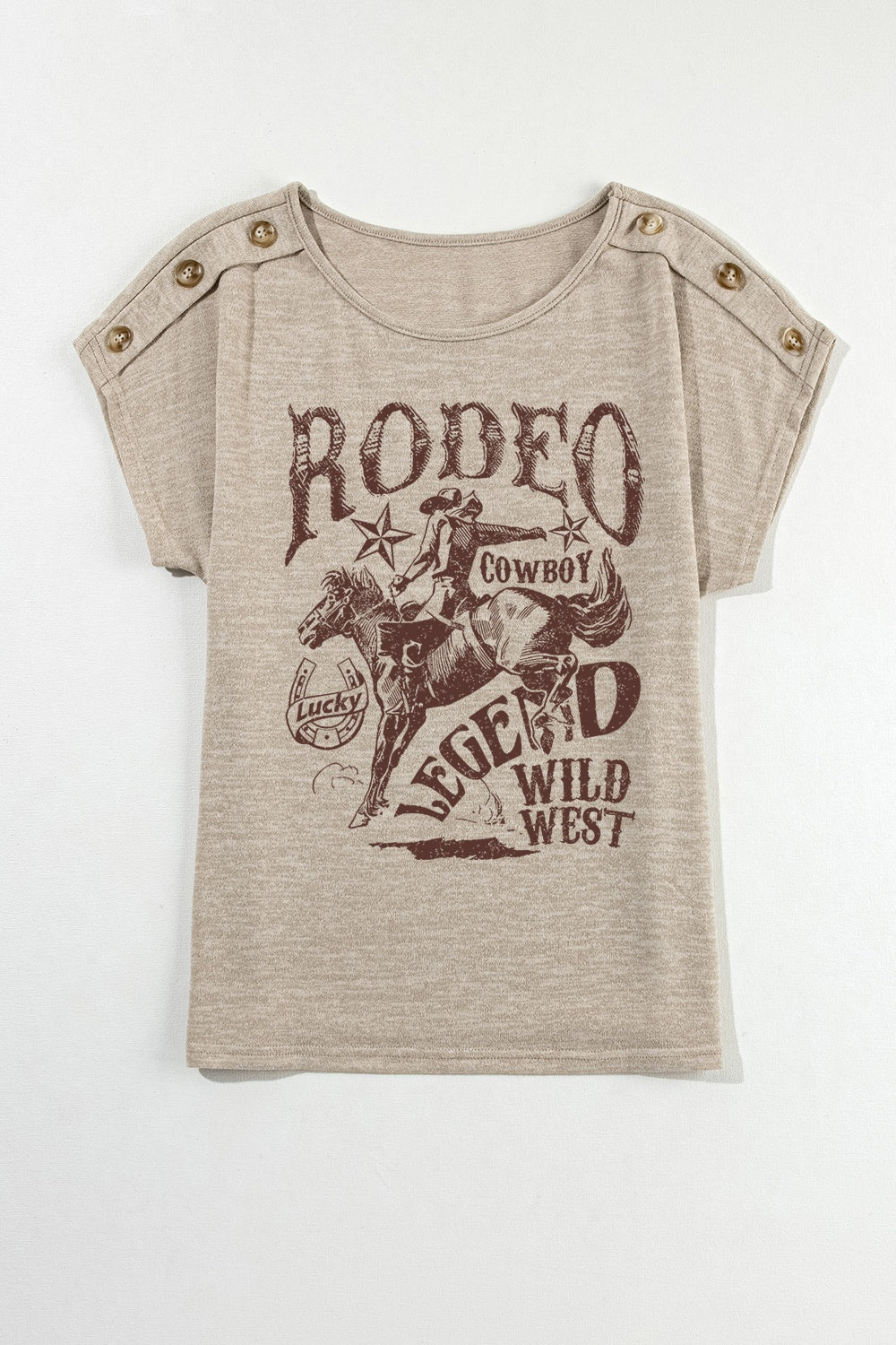 Rodeo graphic t-shirt with button accents on shoulders