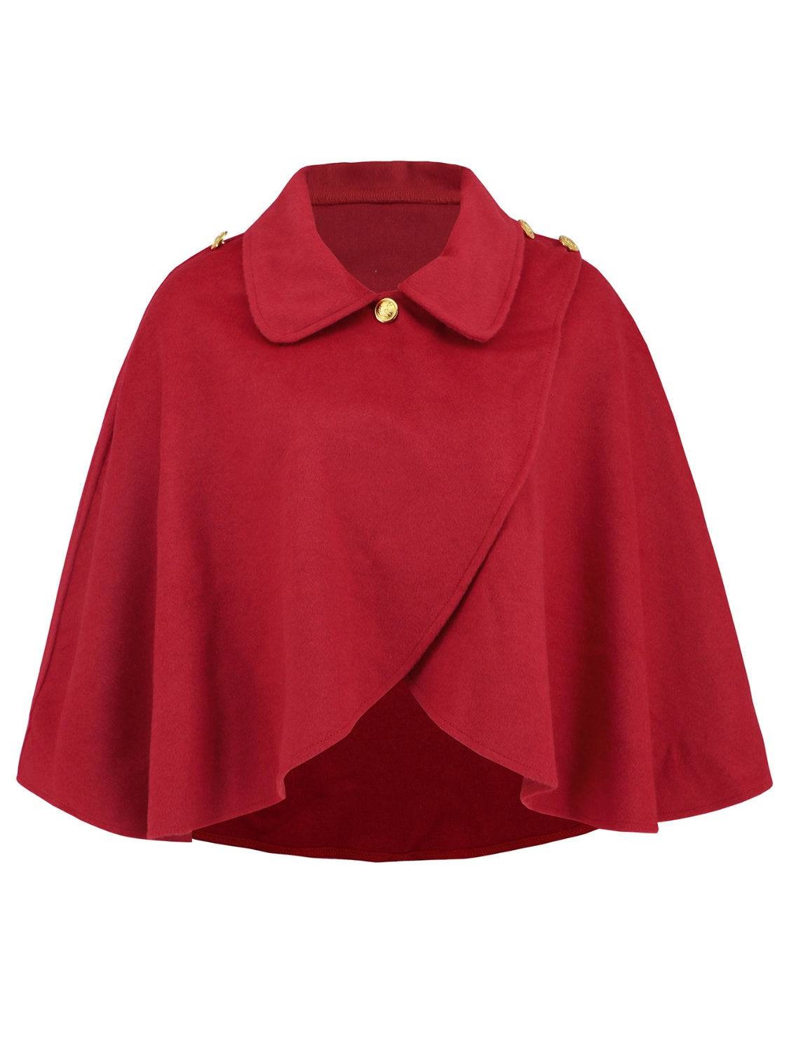 Red collared neck cropped cape, front view