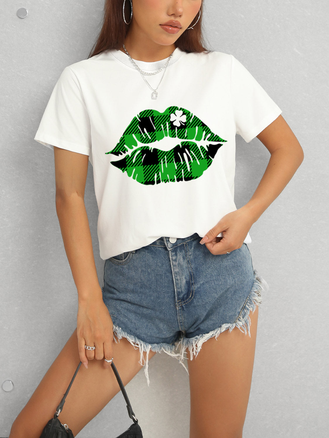 White plaid lip graphic t-shirt with denim shorts