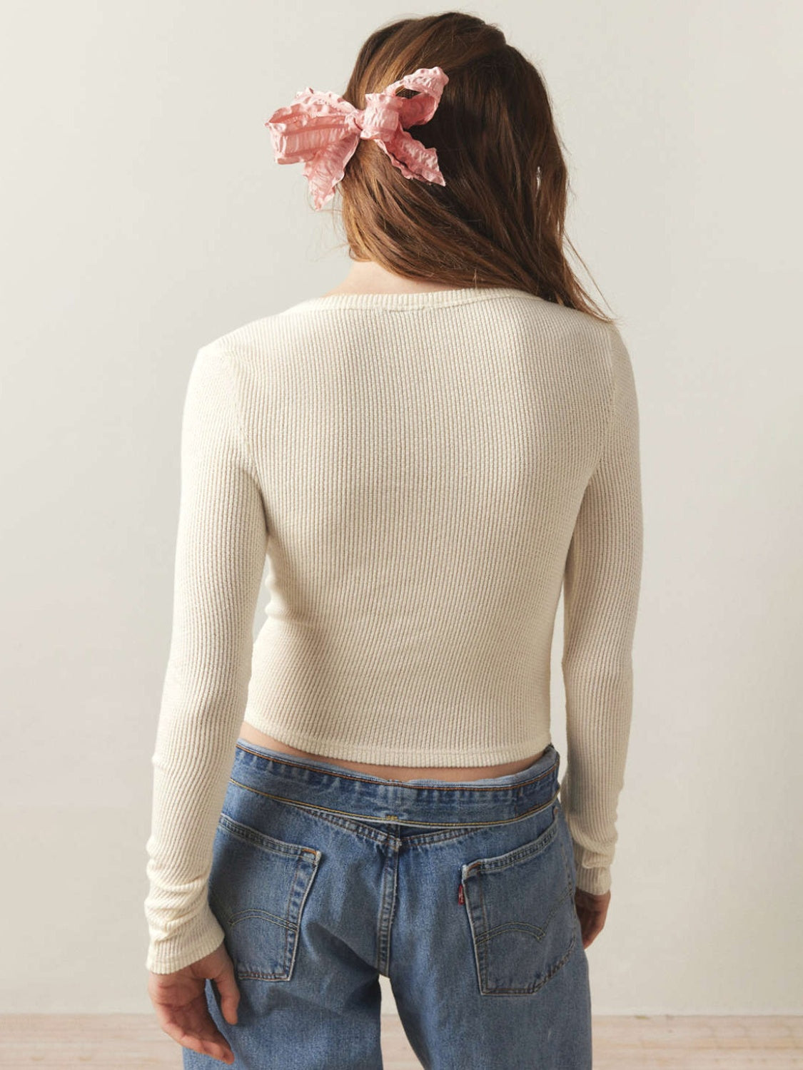 Cream notched long sleeve t-shirt, back view