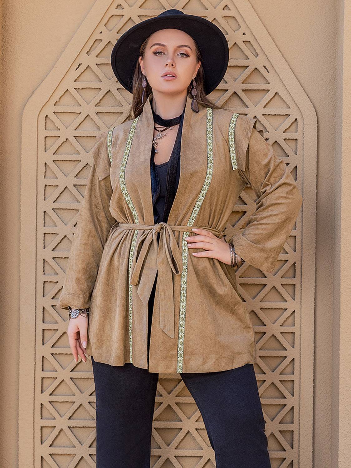 Plus size long sleeve tie waist cardigan, full outfit