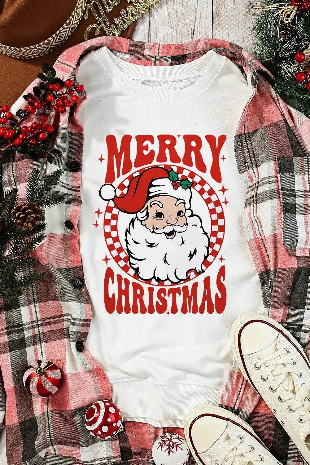 Festive Santa graphic sweatshirt styled with accessories