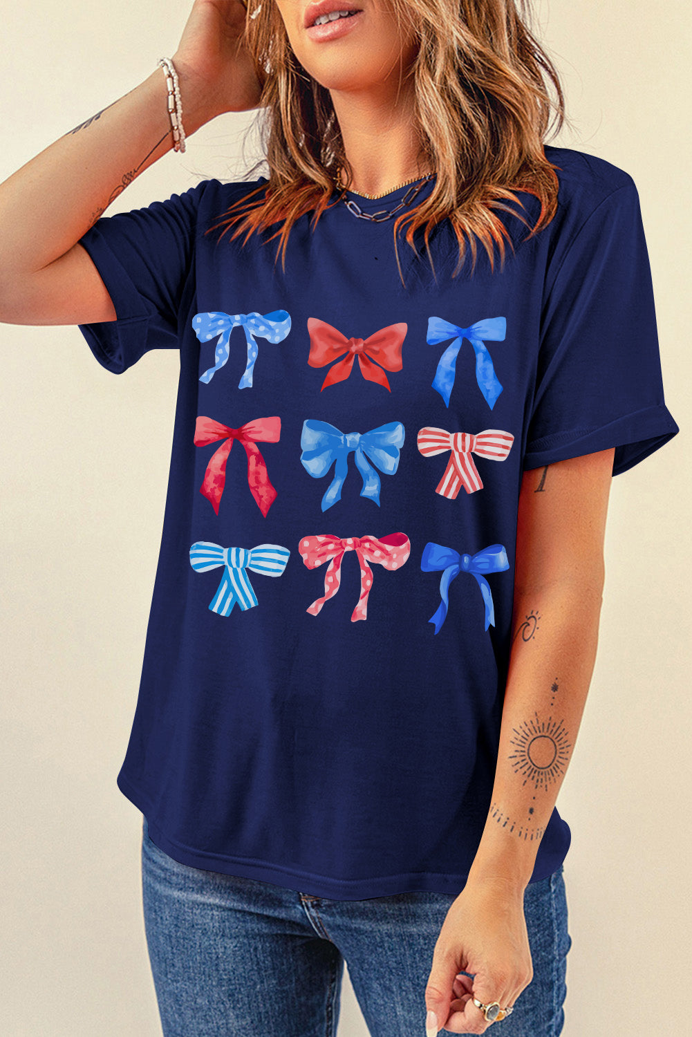 Bow Graphic Round Neck T-shirt, styled with jeans