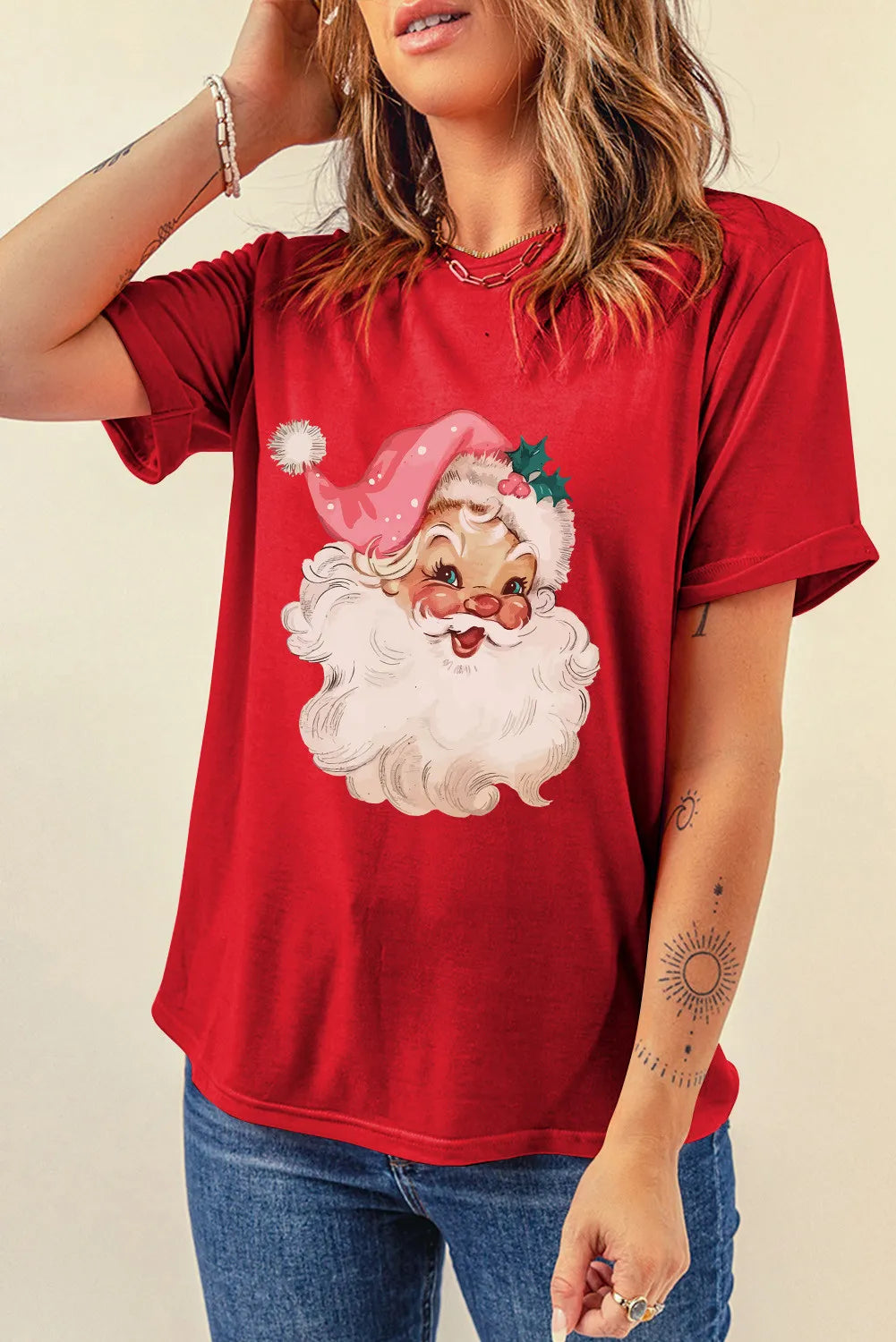 Santa graphic red t-shirt with short sleeves, front view.