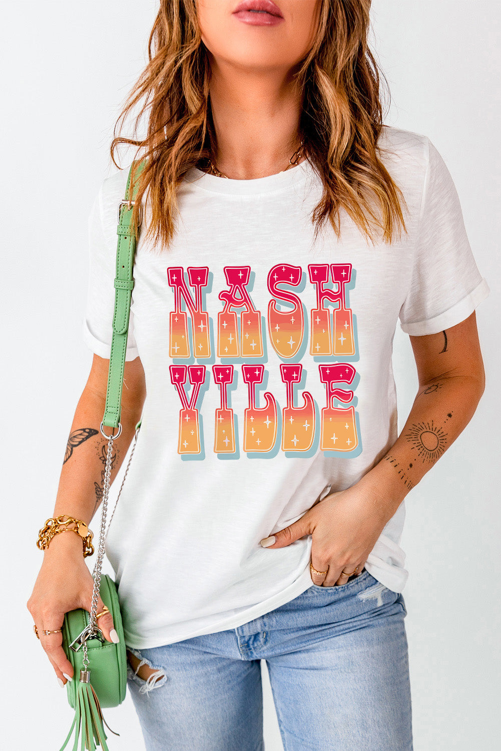 Nashville letter graphic round neck short sleeve T-shirt
