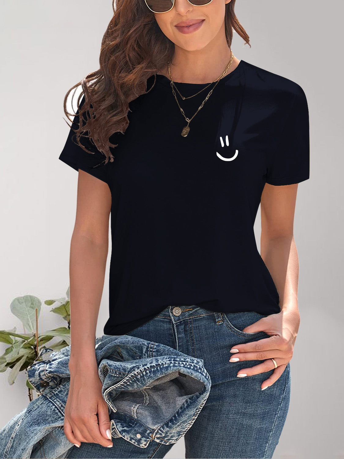 Navy smile graphic t-shirt with denim