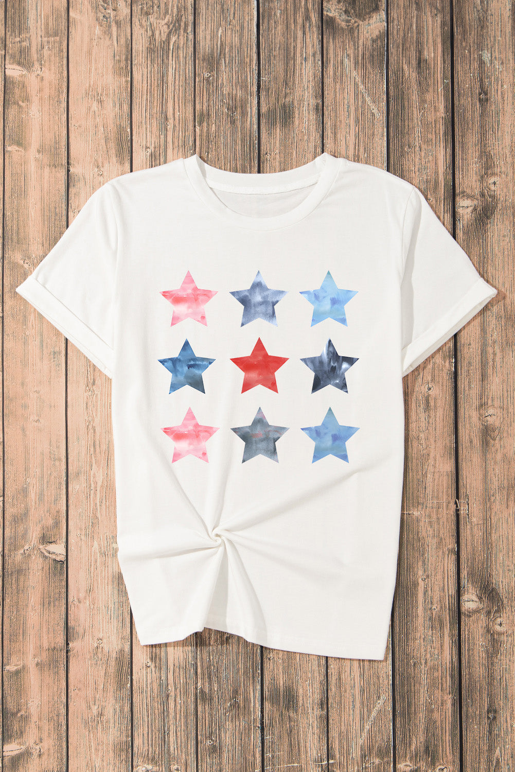 Flat lay of star print T-shirt, round neck, short sleeves