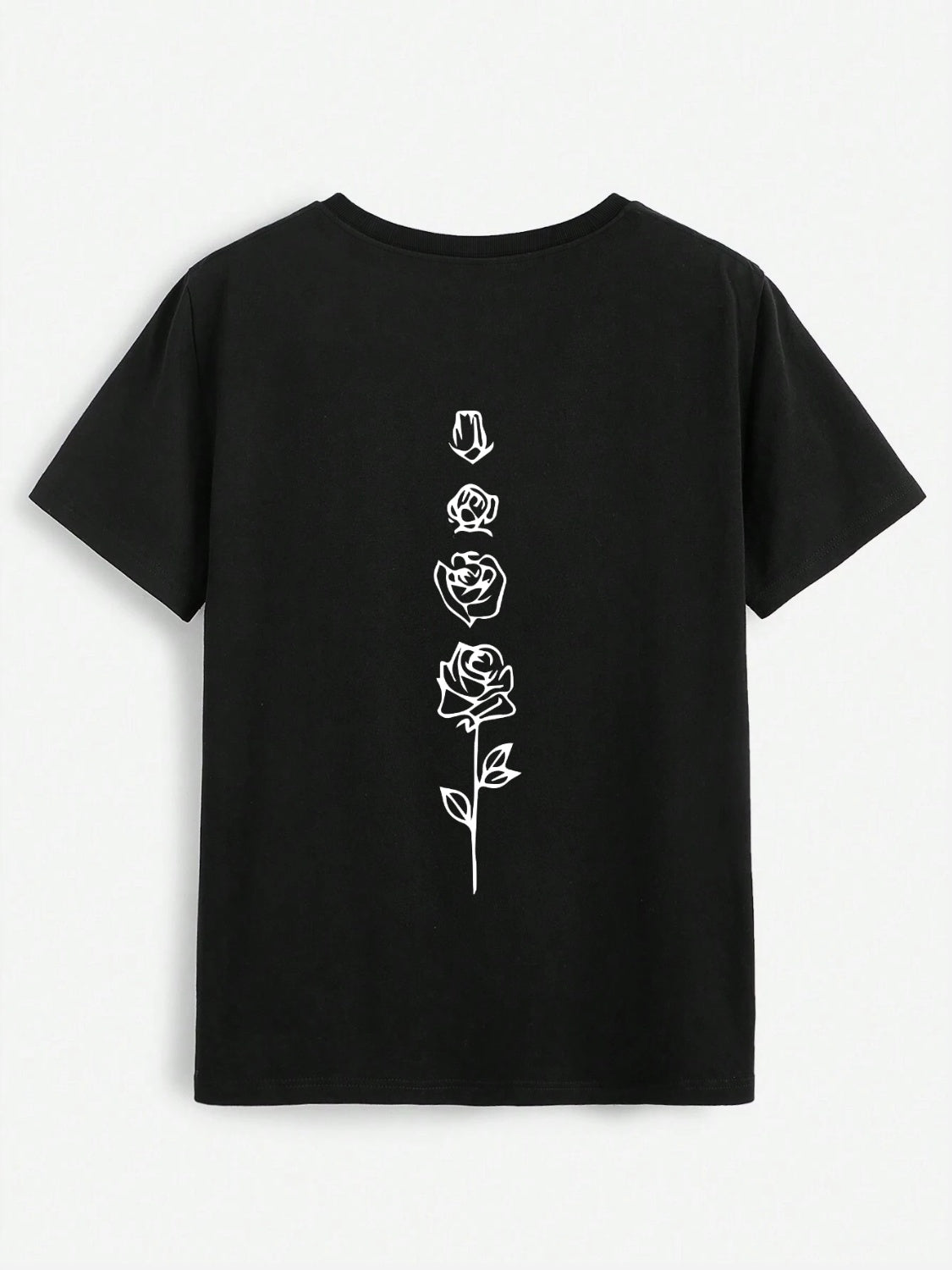 Black T-shirt with rose design on back