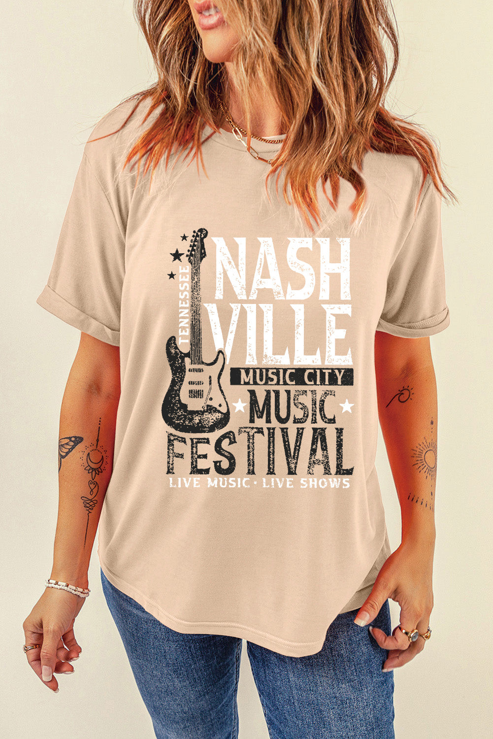 Beige T-shirt with Nashville Music Festival design, front view
