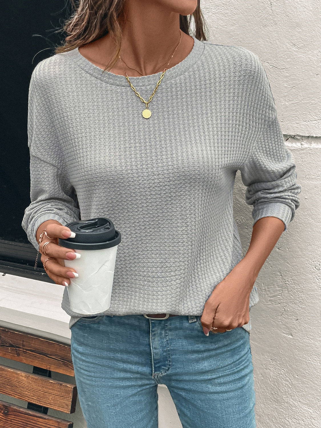 Gray round neck t-shirt with coffee cup accessory