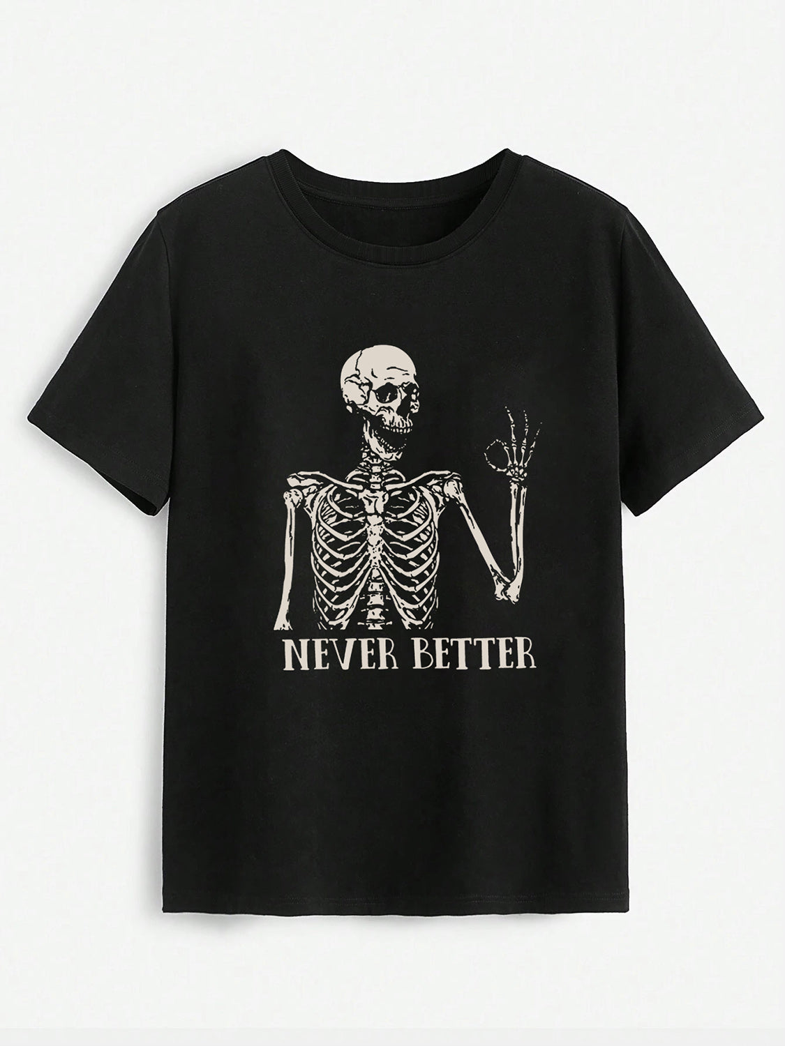 Flat lay of NEVER BETTER skeleton graphic black t-shirt