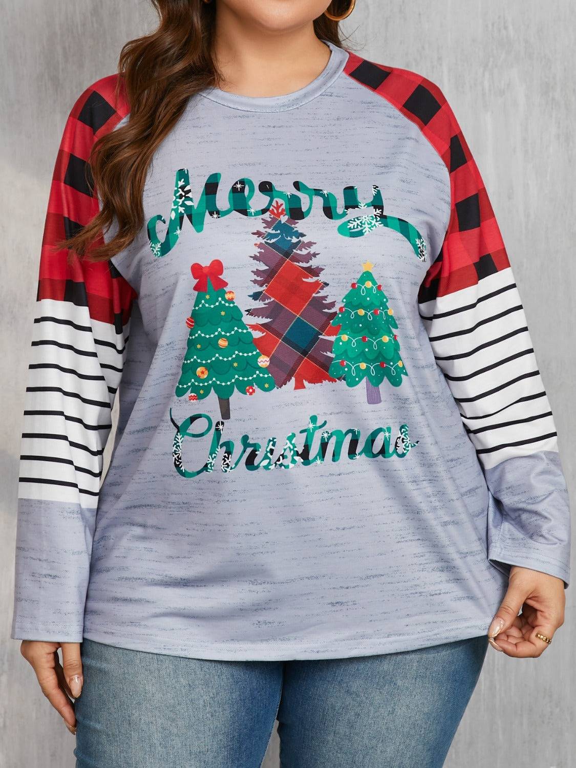 Plus size Christmas tree plaid long sleeve T-shirt front