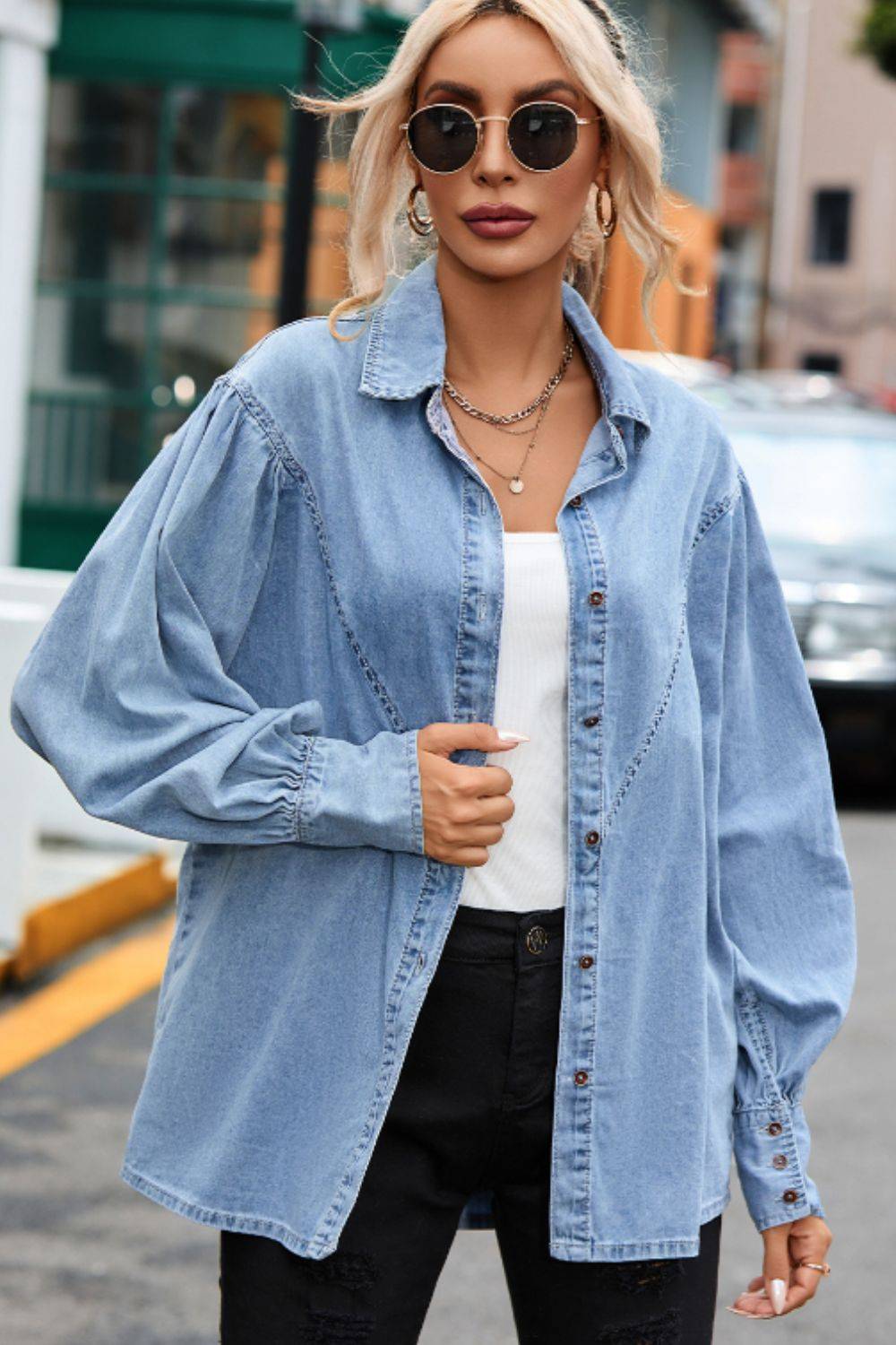 Casual denim top with collared neck and lantern sleeves