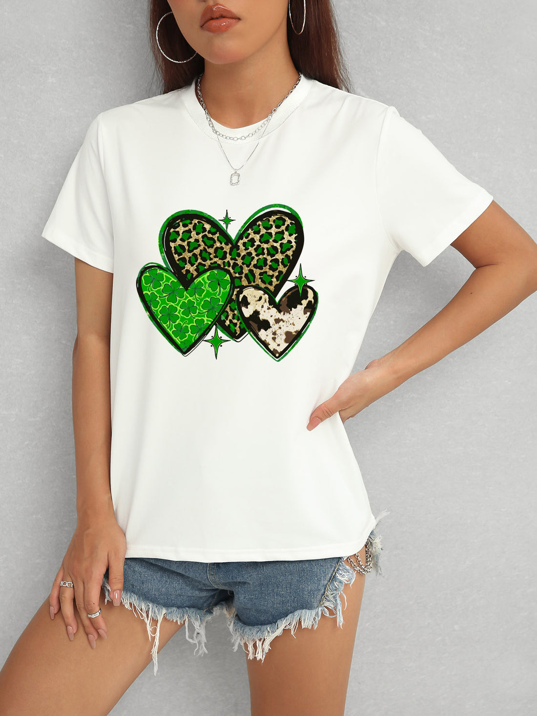 White heart t-shirt with green and leopard print design