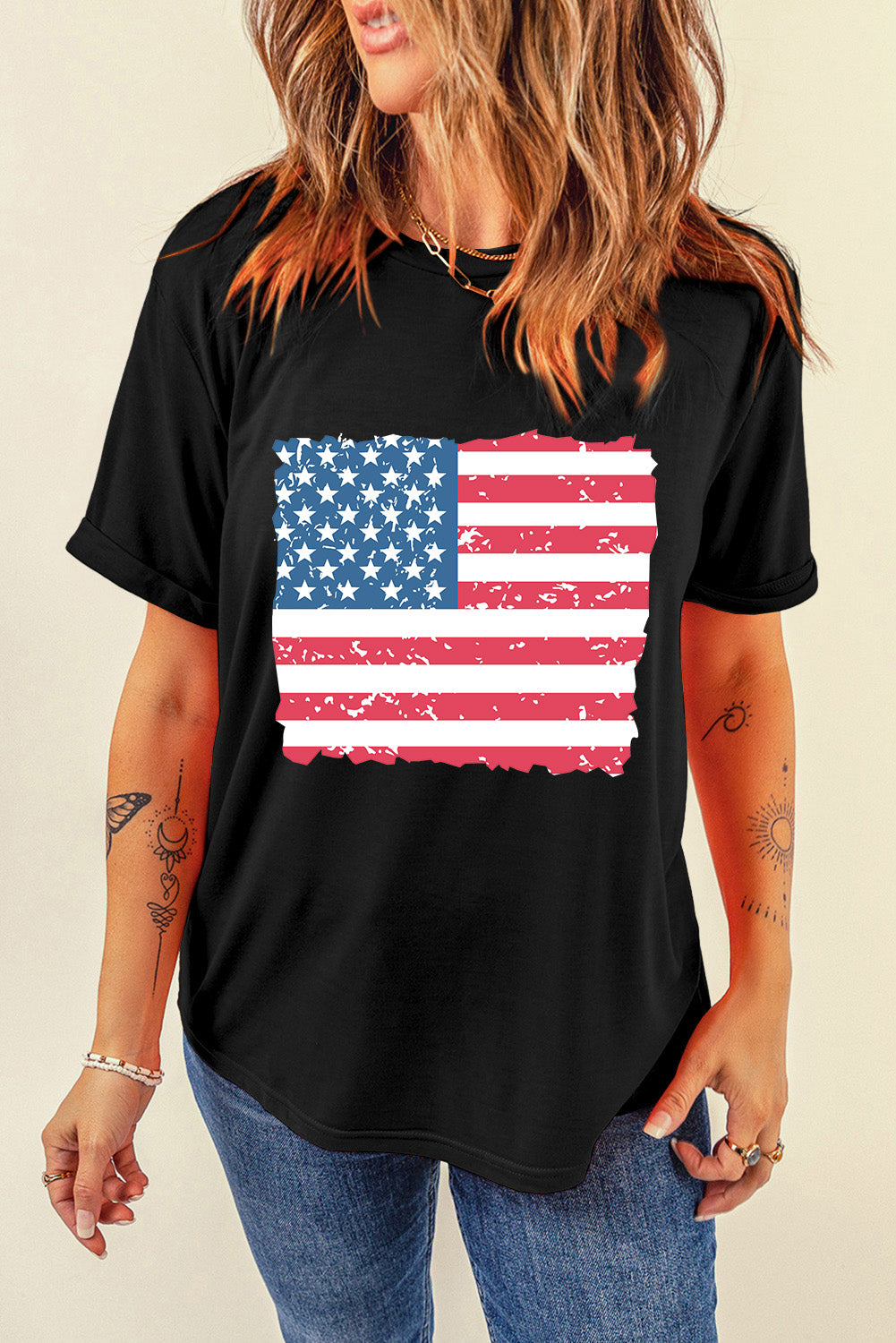 US Flag Round Neck Short Sleeve T-Shirt, front view