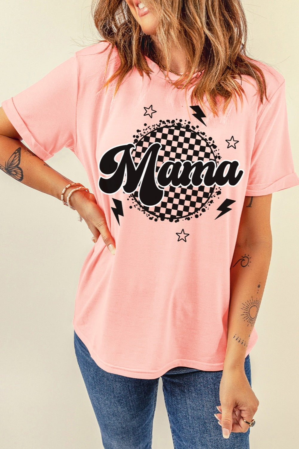 Pink MAMA T-shirt with checkered design, front view