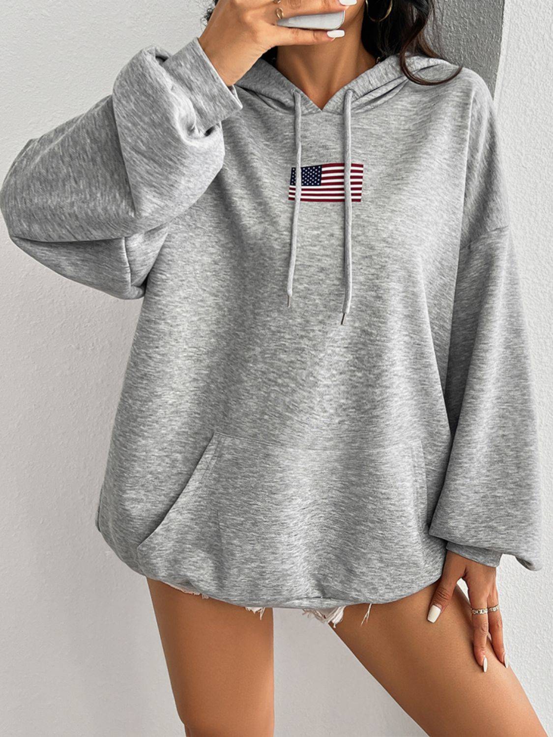Gray hoodie with US flag, front view