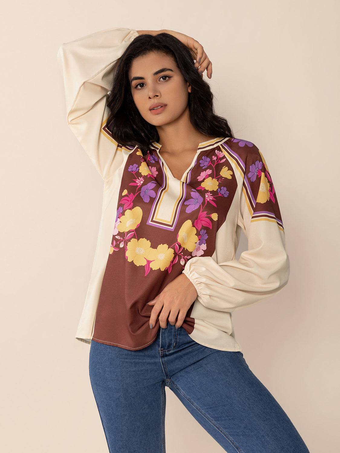 Stylish floral printed notched blouse