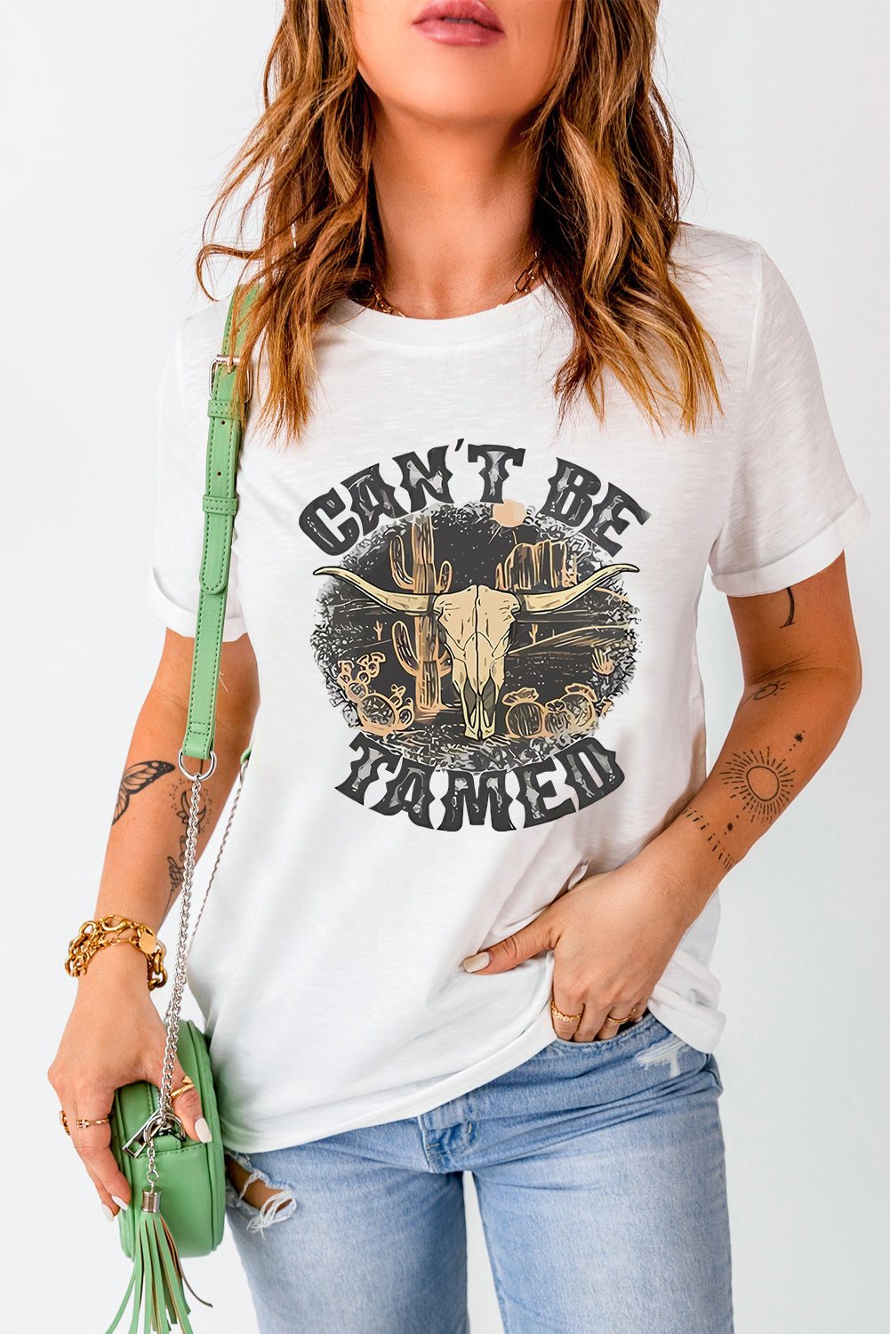 White graphic round neck short sleeve t-shirt, &