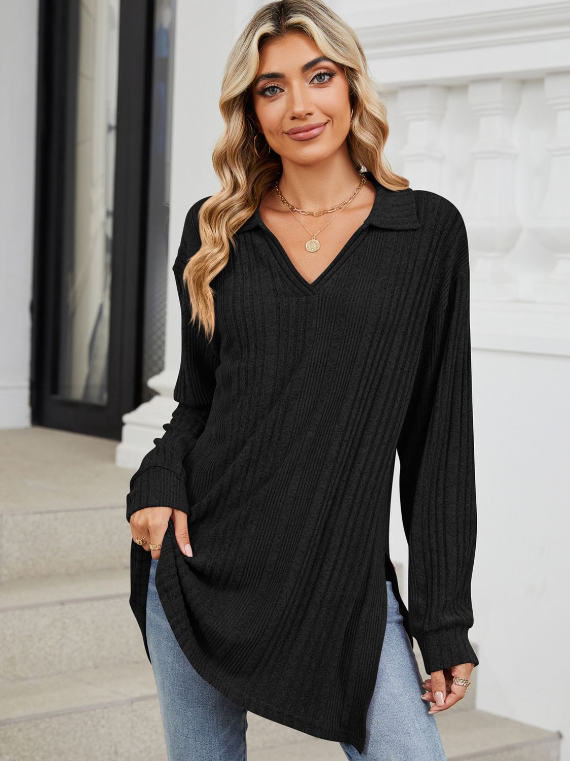 Black slit Johnny collar long sleeve t-shirt front view
