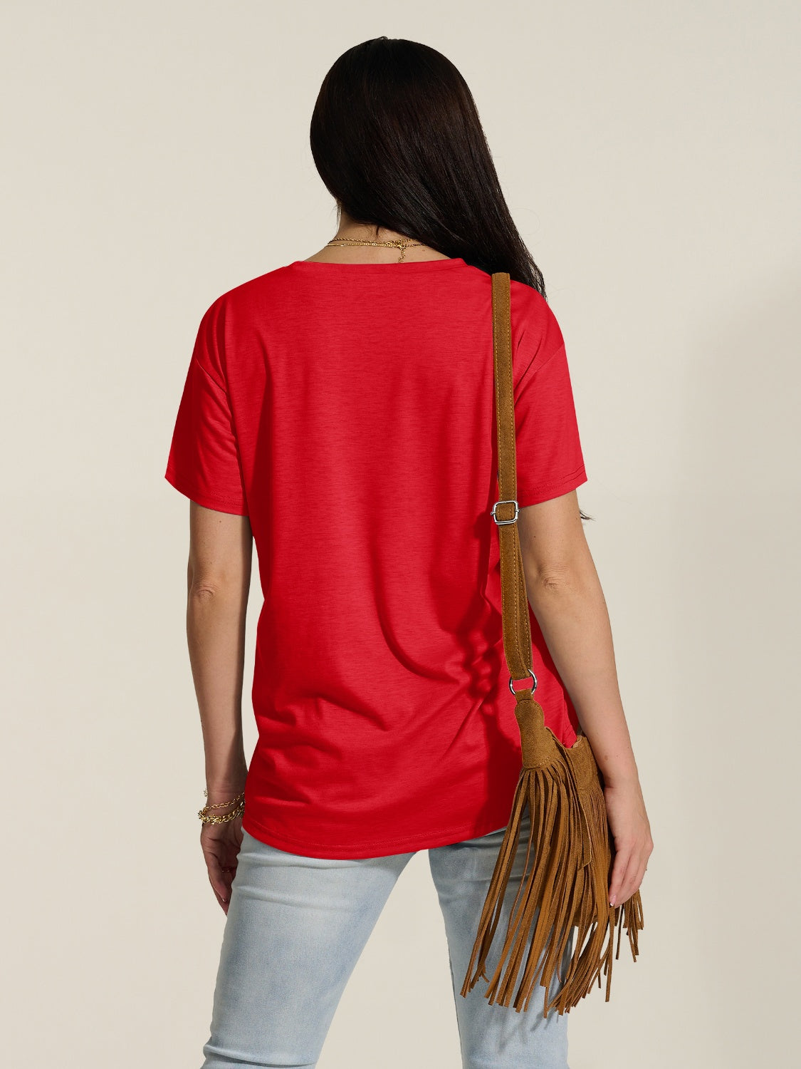 Back view of red round neck T-shirt with dropped shoulders