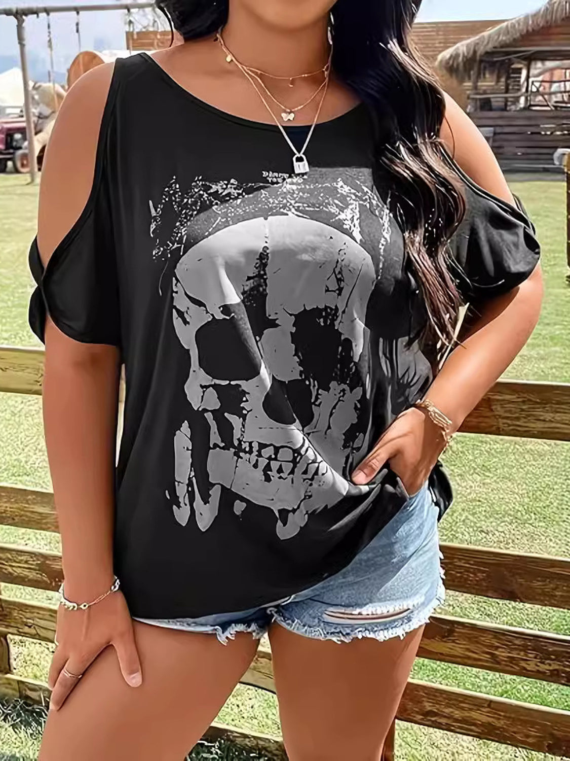 Black skeleton graphic round neck cold shoulder T-shirt