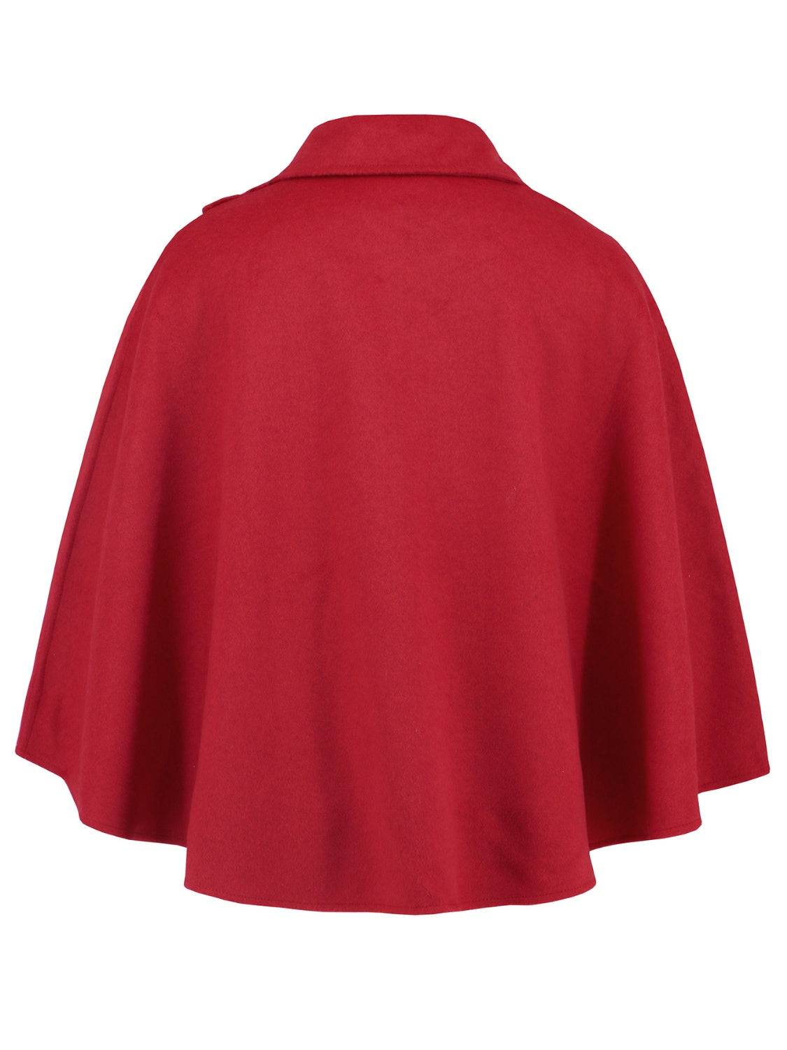 Red collared neck cropped cape, back view