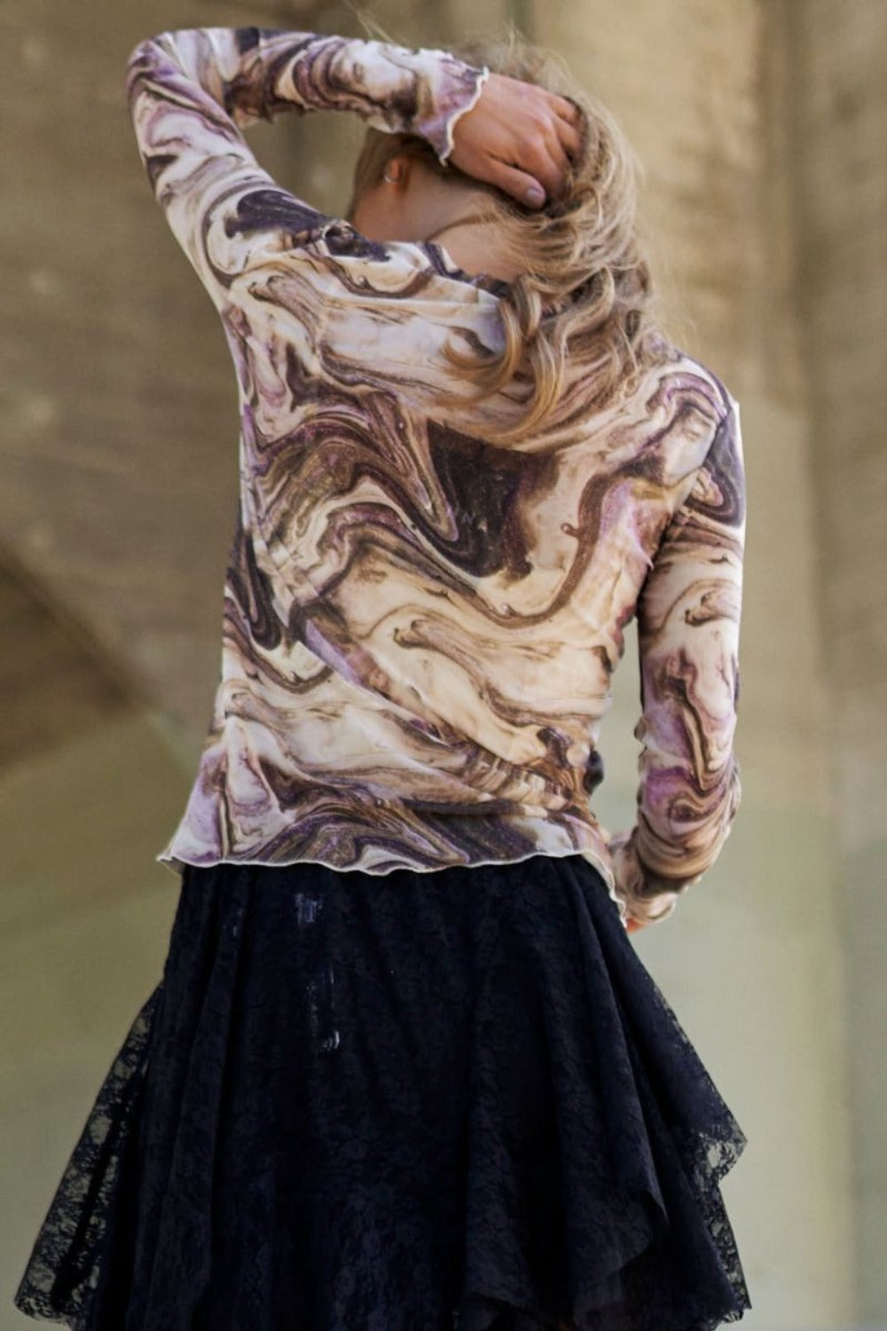 J.NNA marble design long sleeve mesh top, back view
