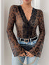 Leopard V-neck lace bodysuit with flared sleeves
