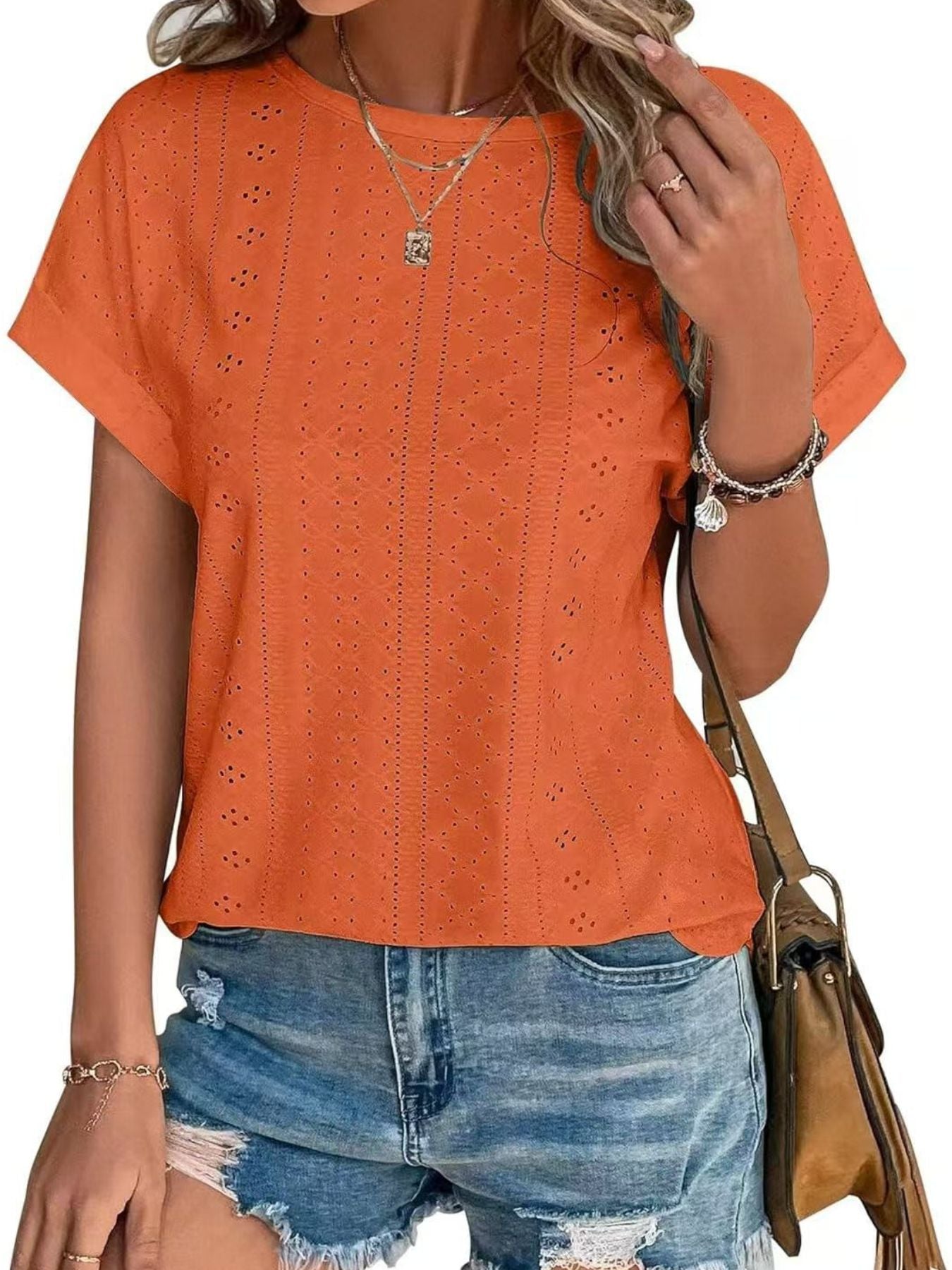 Eyelet Round Neck Short Sleeve Top