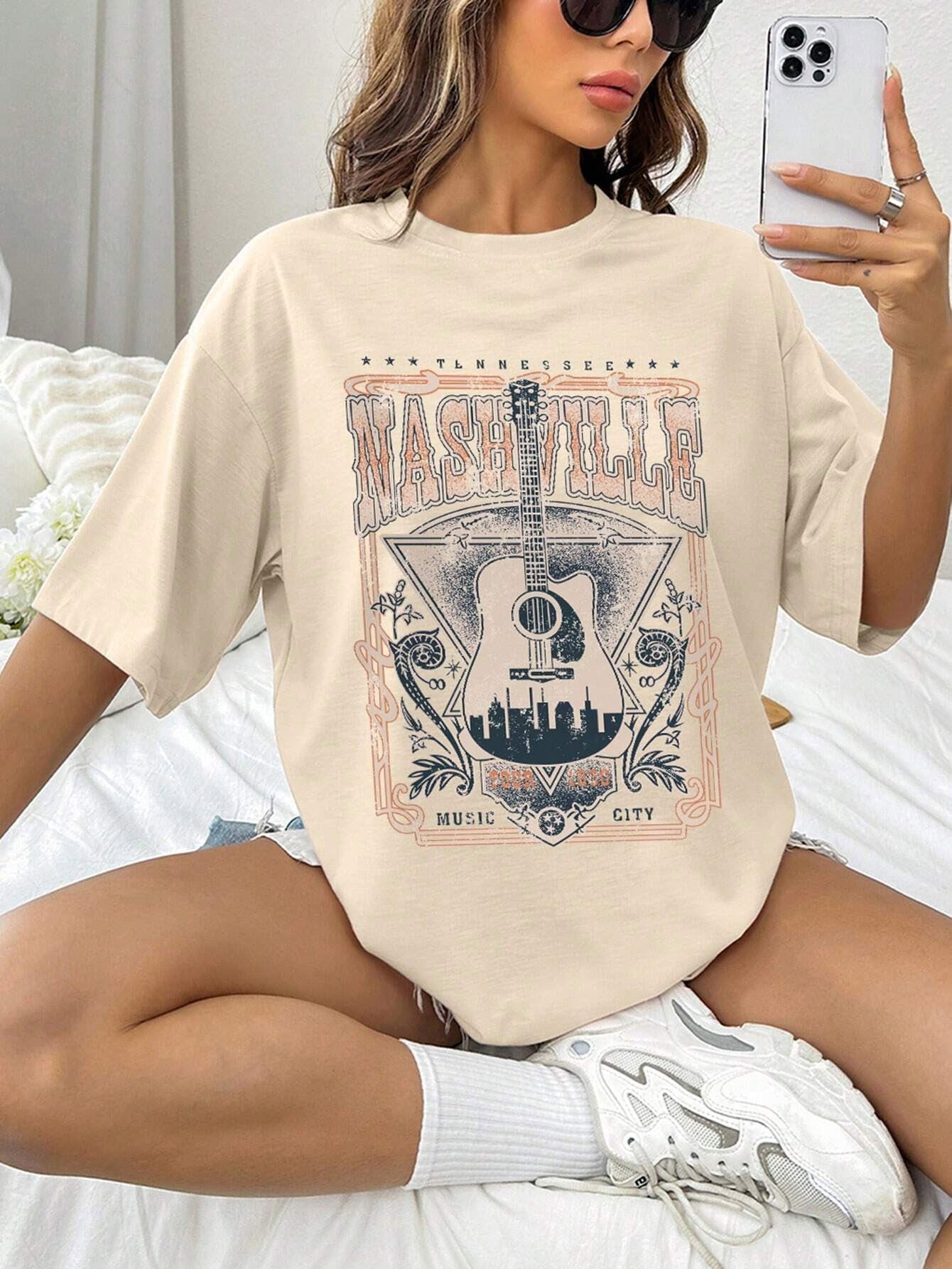 Beige Nashville guitar graphic round neck t-shirt