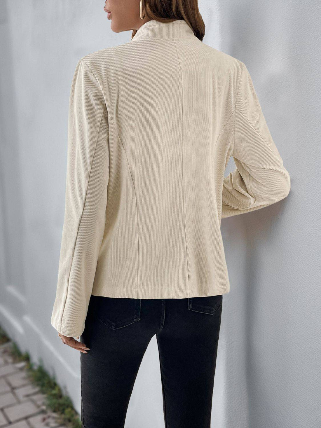 Perfee button up mock neck jacket, back view