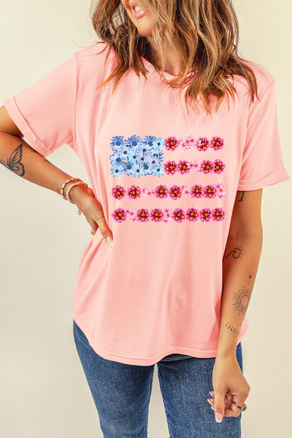 Floral graphic pink round neck short sleeve T-shirt