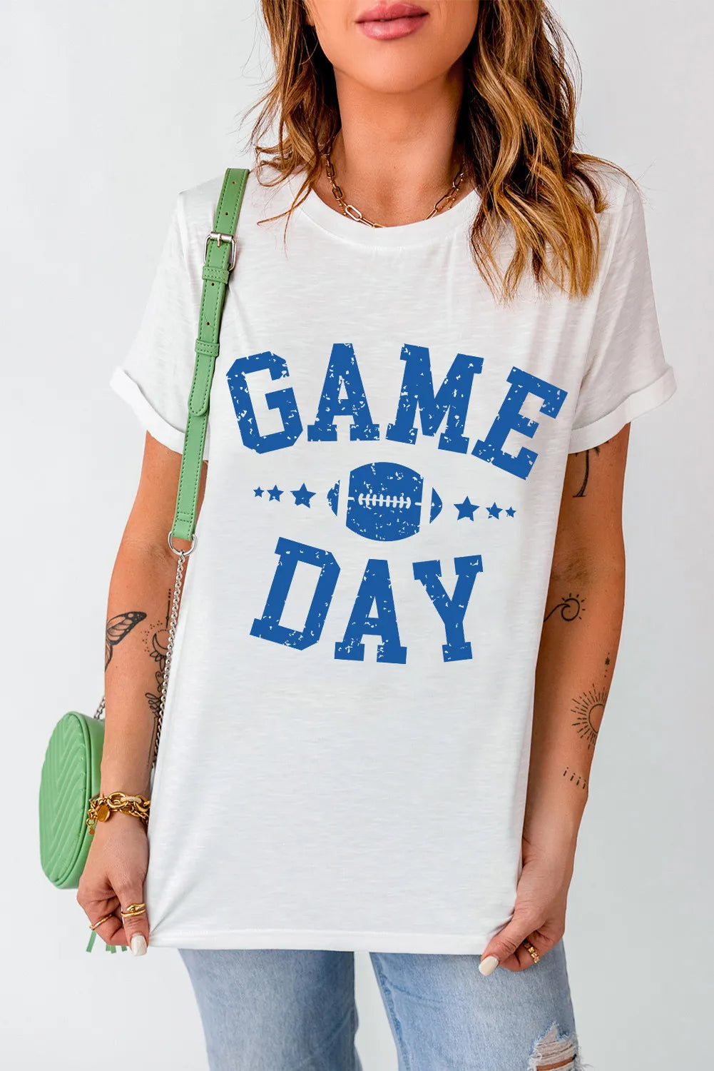 Front view of GAME DAY T-shirt, white with blue lettering