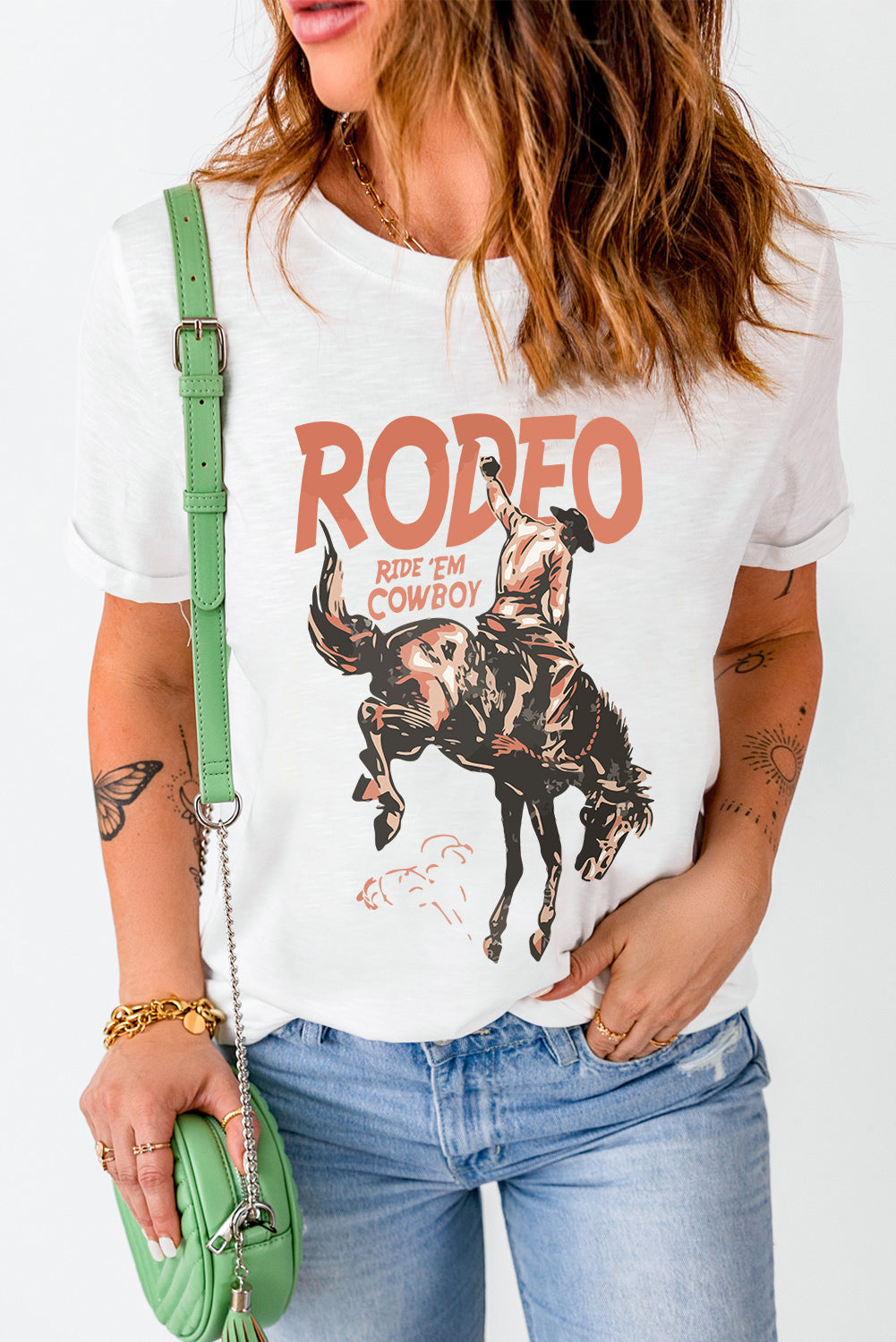 White cowboy graphic round neck t-shirt, short sleeves.