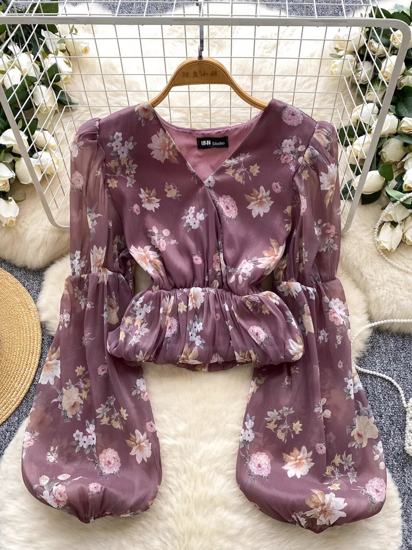 Floral Print Chiffon Balloon Sleeve Blouse