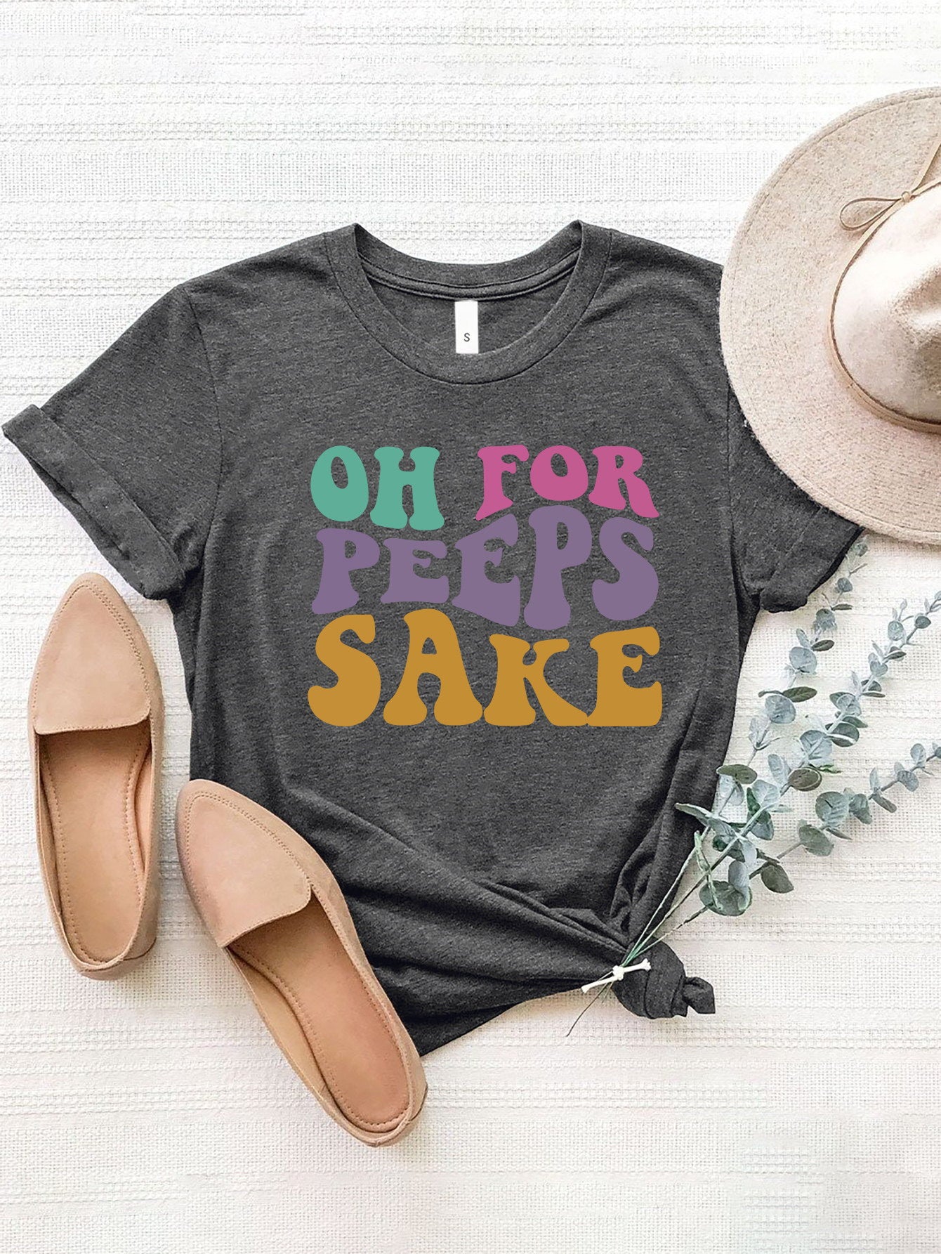Dark gray OH FOR PEEPS SAKE round neck t-shirt with colorful text
