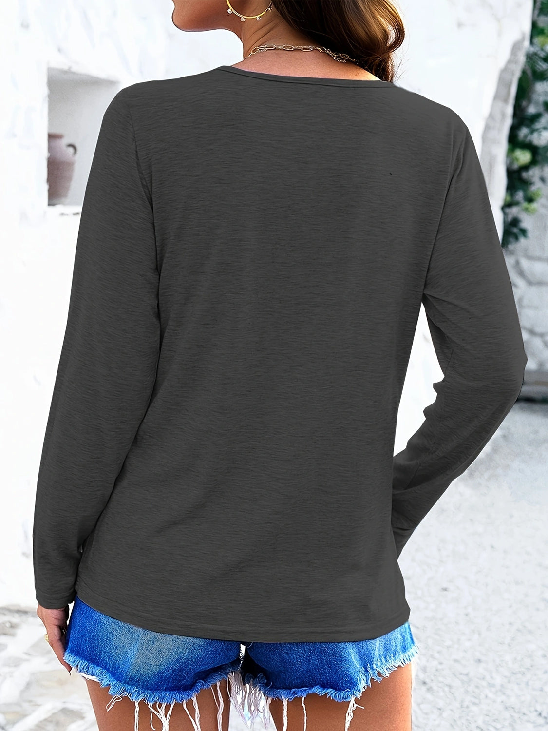 Dark gray crisscross V-neck long sleeve T-shirt, back view