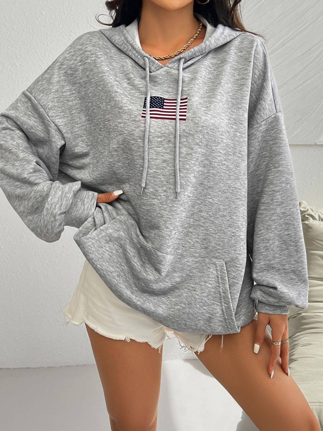 Gray hoodie with US flag, casual style