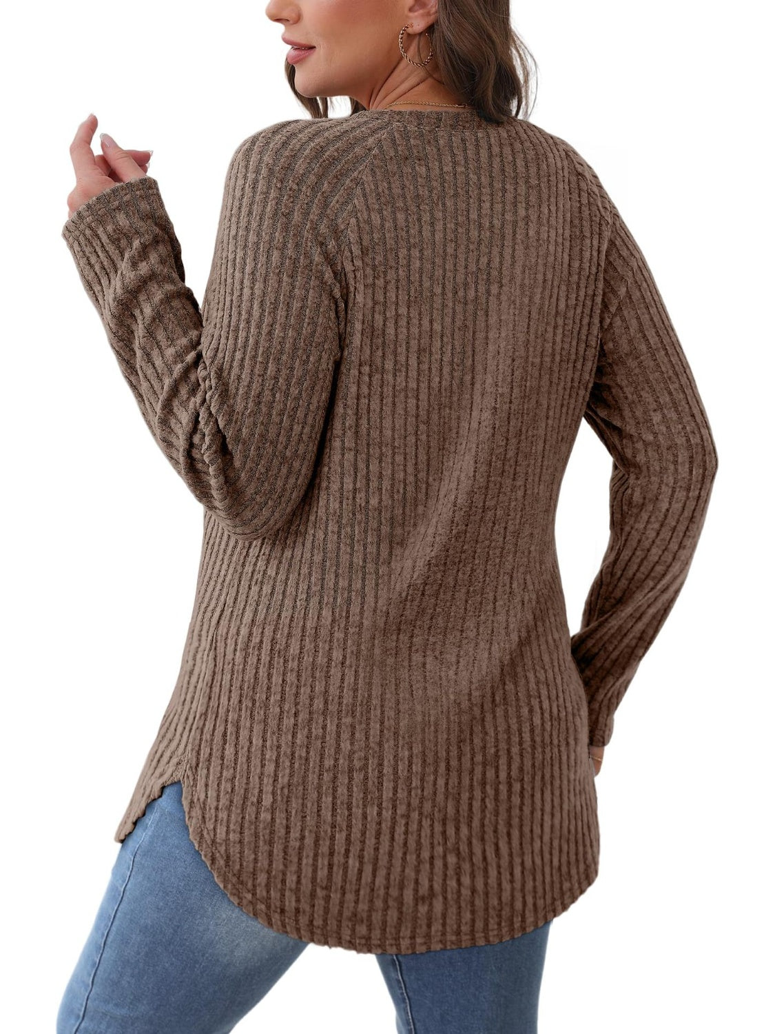 Brown ribbed round neck raglan sleeve t-shirt back view