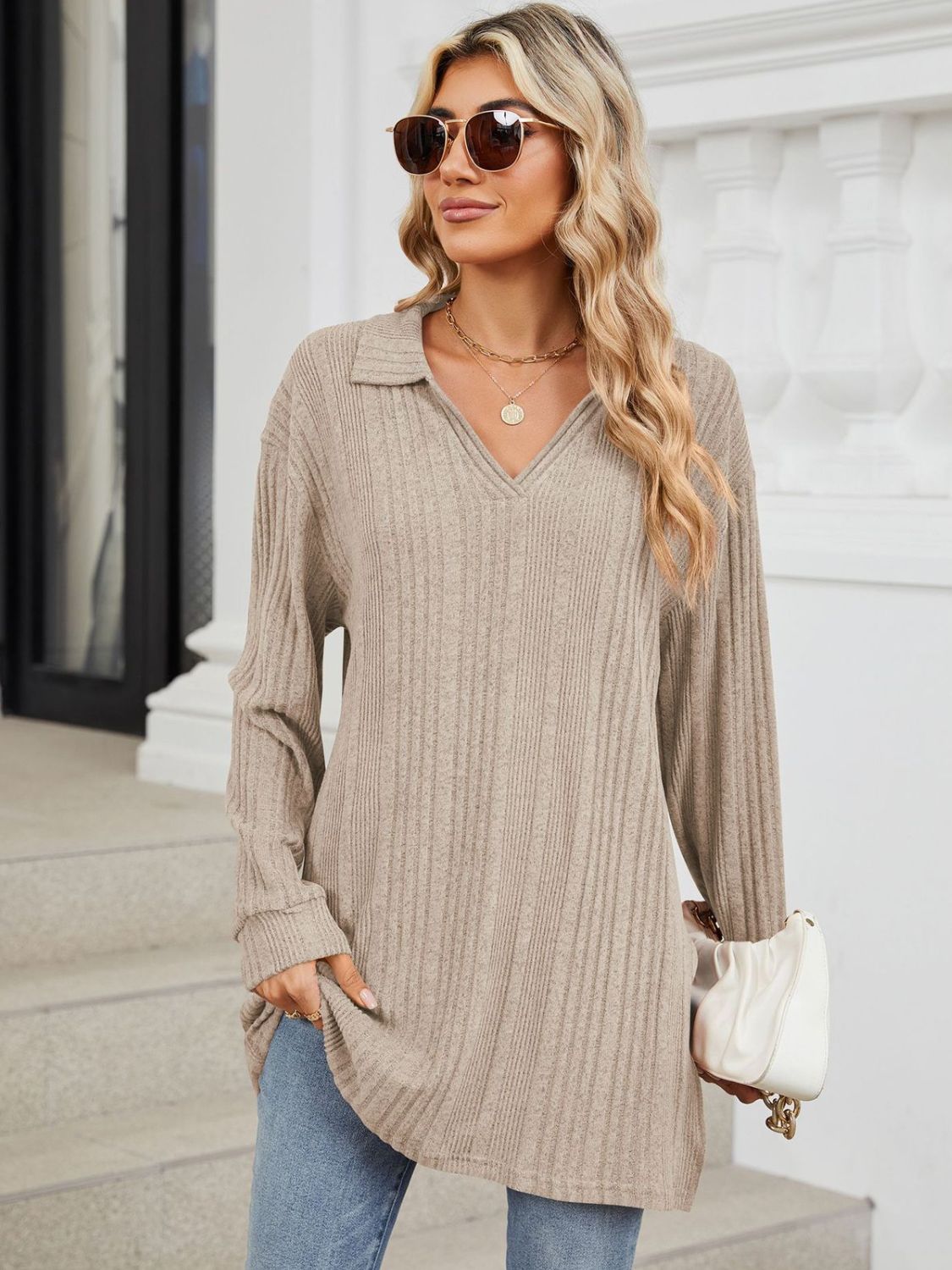 Beige slit Johnny collar long sleeve t-shirt with sunglasses