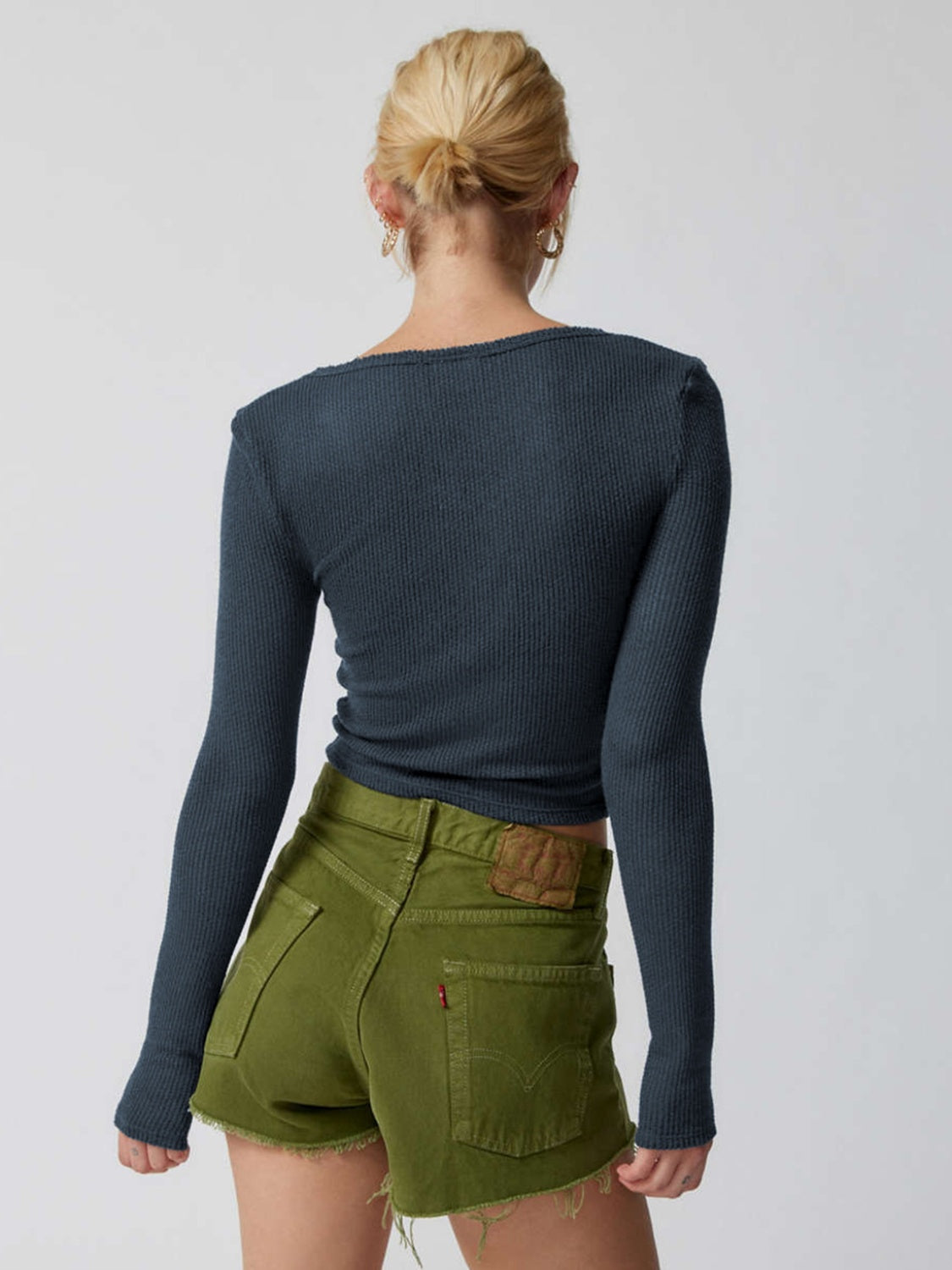 Dark blue notched long sleeve t-shirt, back view