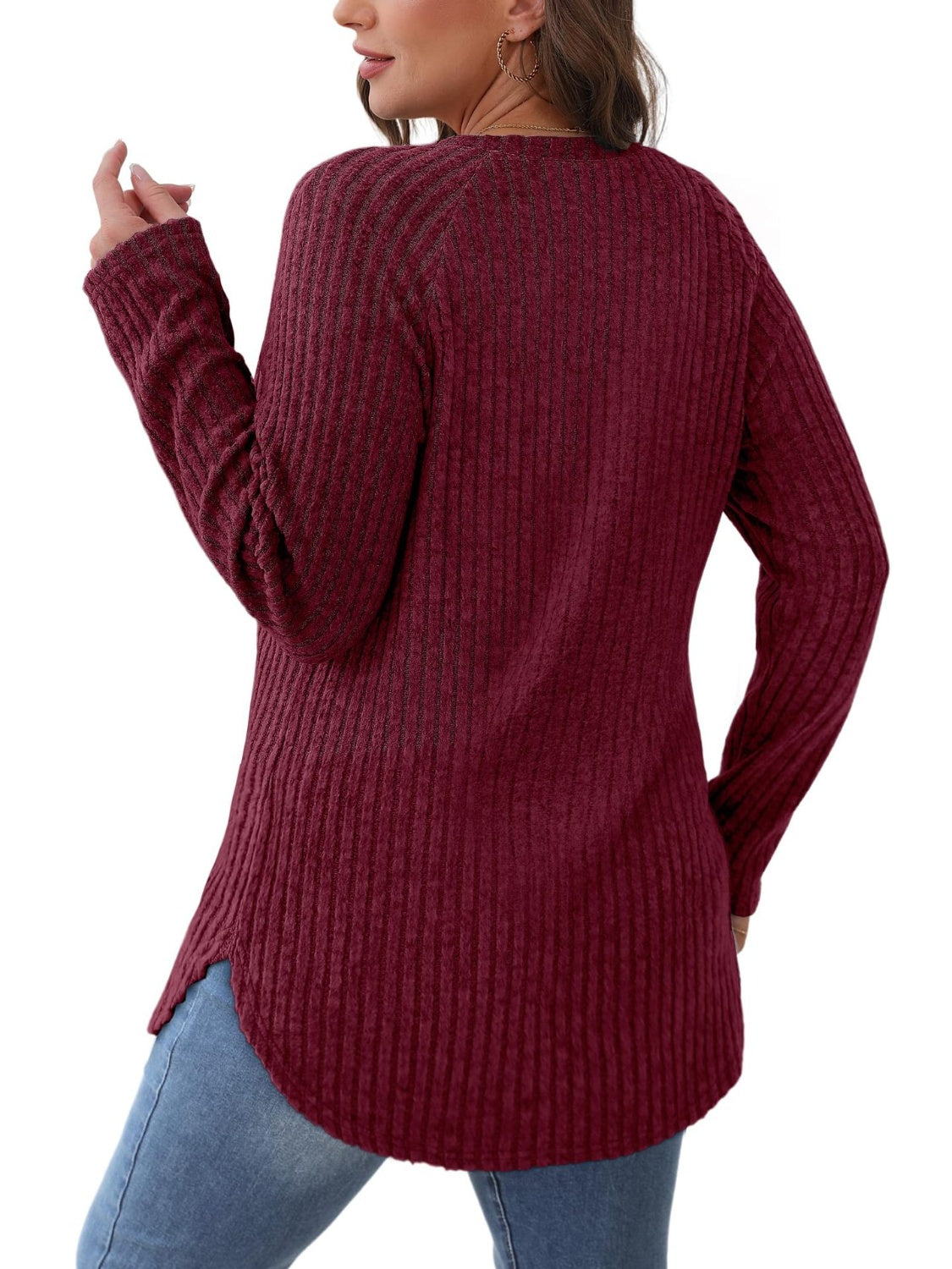 Burgundy ribbed round neck raglan sleeve t-shirt back view