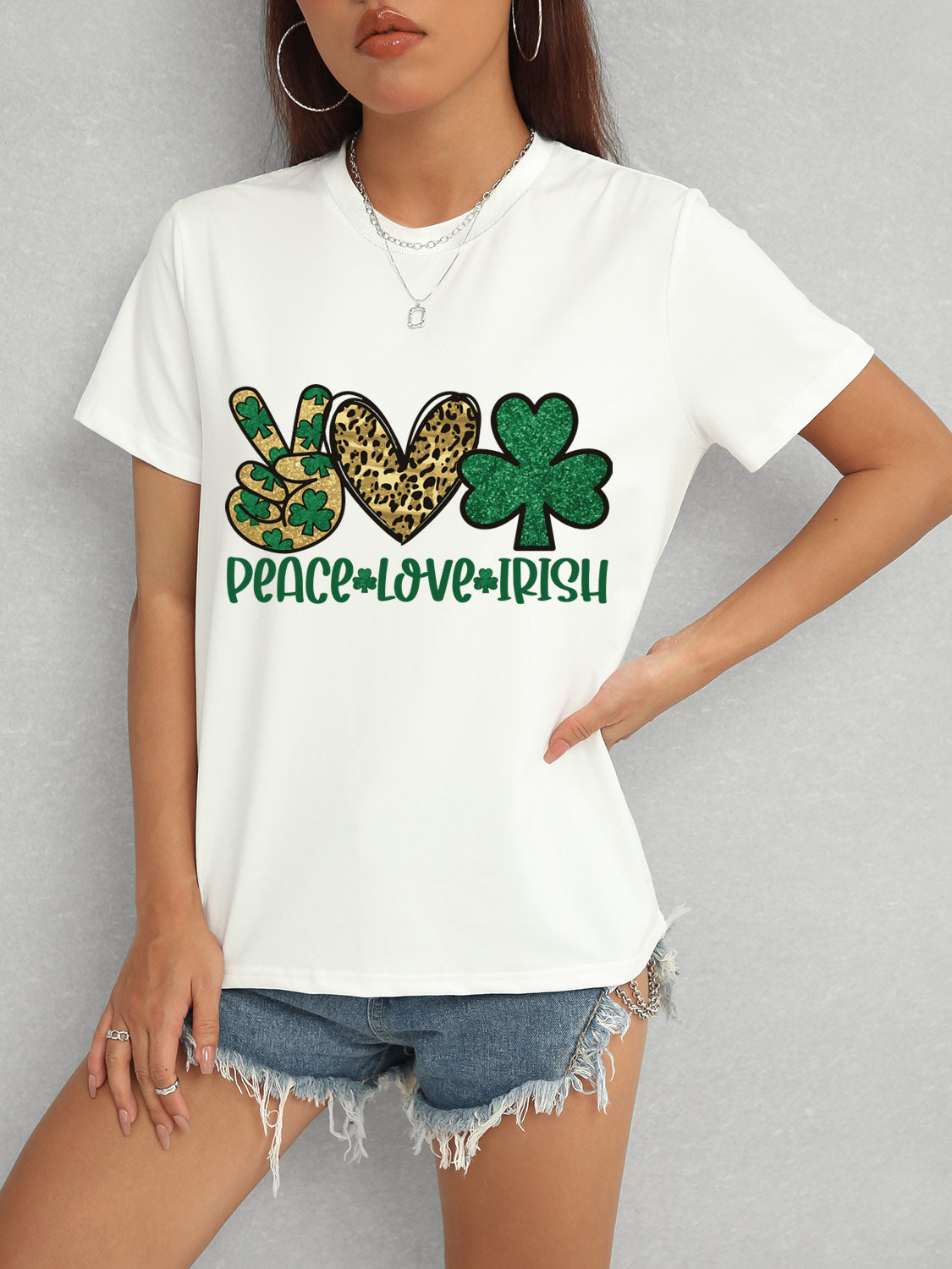 White Peace Love Irish T-Shirt with leopard heart design