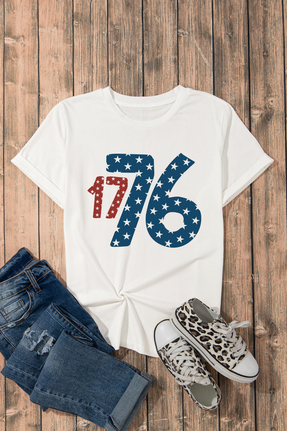 1776 t-shirt styled with jeans and sneakers