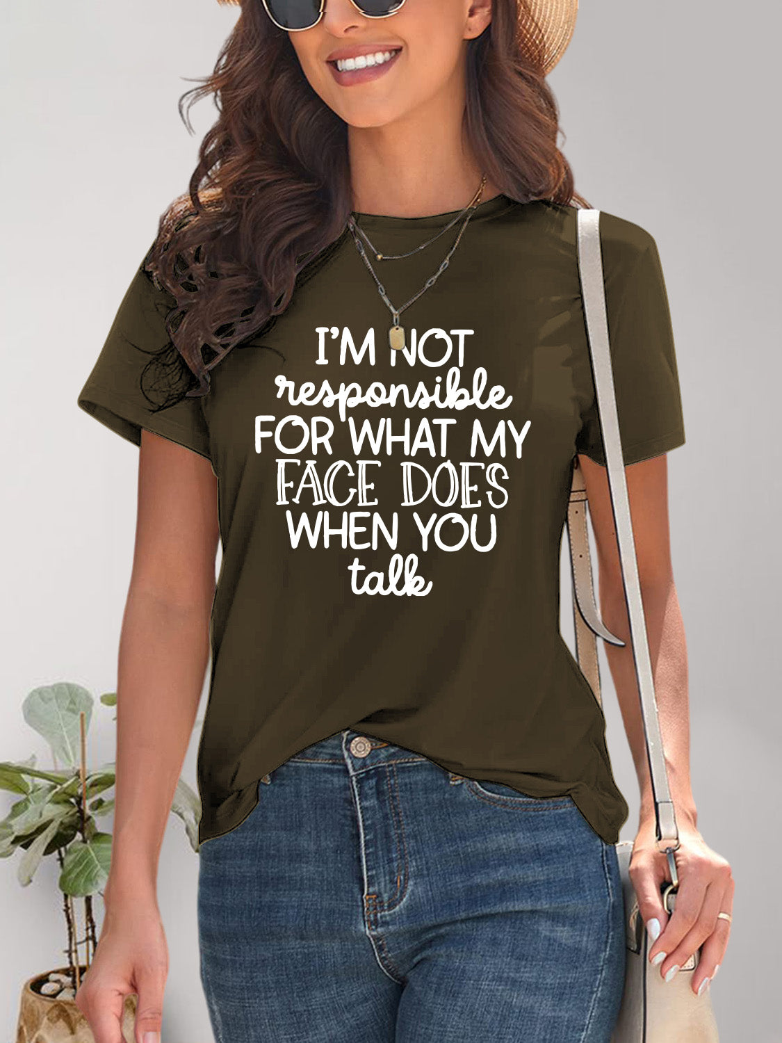 Olive green letter graphic round neck T-shirt