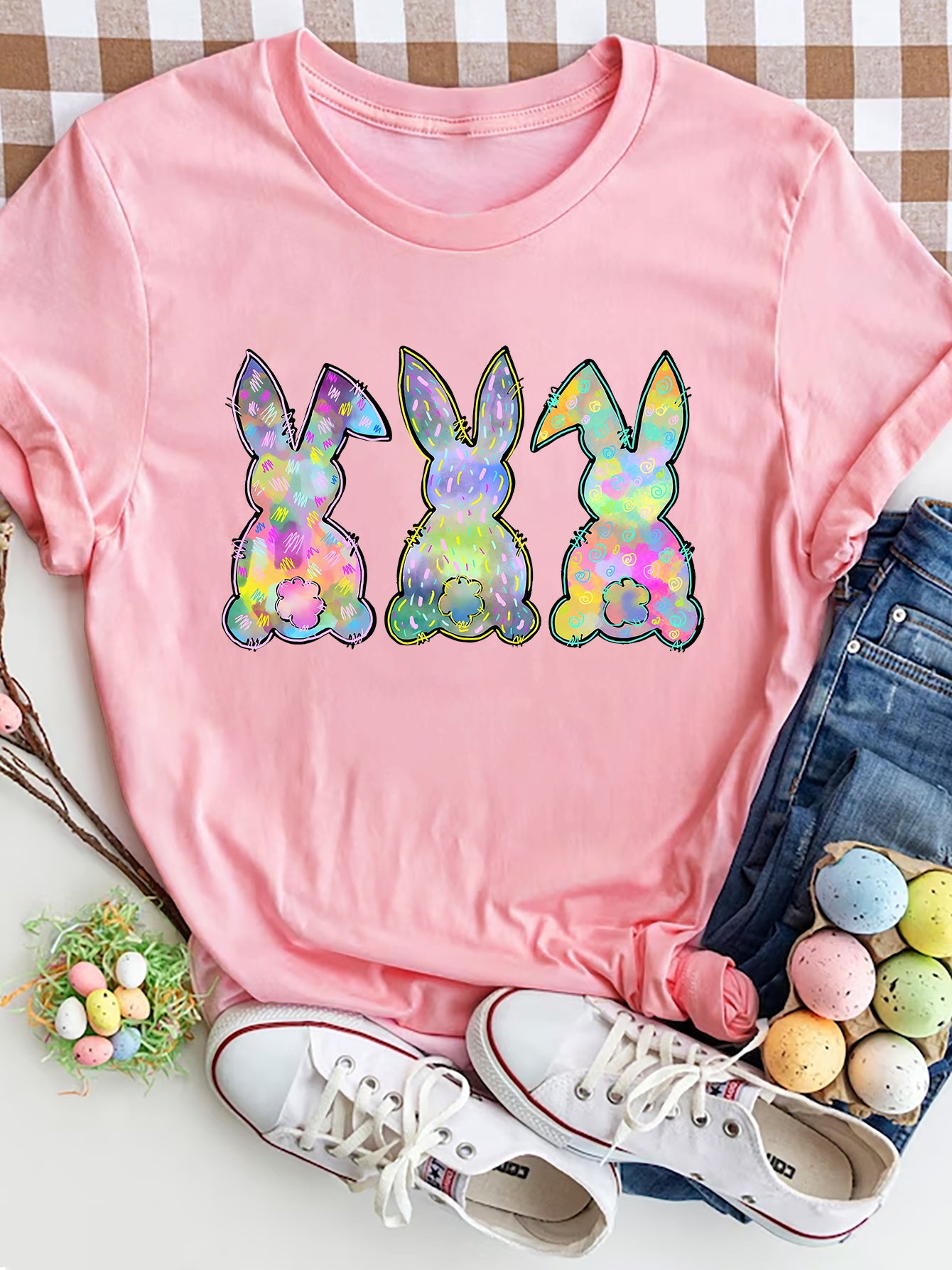 Pink rabbit print round neck short sleeve t-shirt
